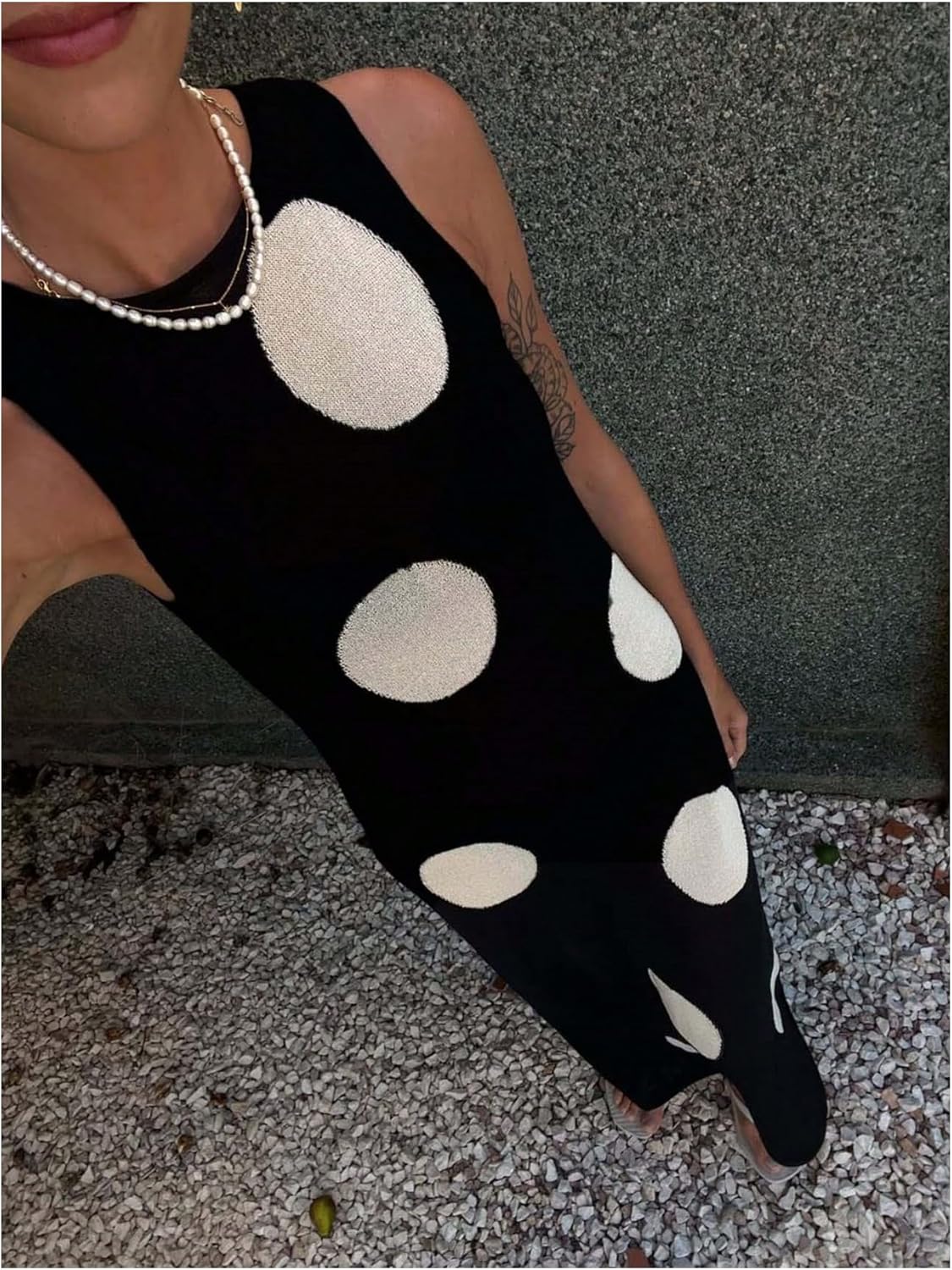 Floerns Women's Polka Dots Sweater Dress Sleeveless Crew Neck Straight Maxi Dresses Fall Outfit - Image 3