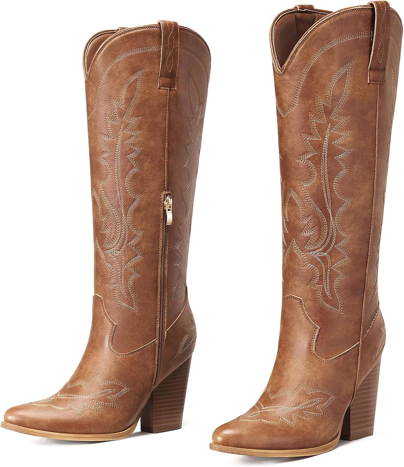 Rollda Knee High Cowboy Boots for Women, High Heel Cowgirl Boots, Tall Chunky Heel Western Boots Pointed Toe with Side Zipper