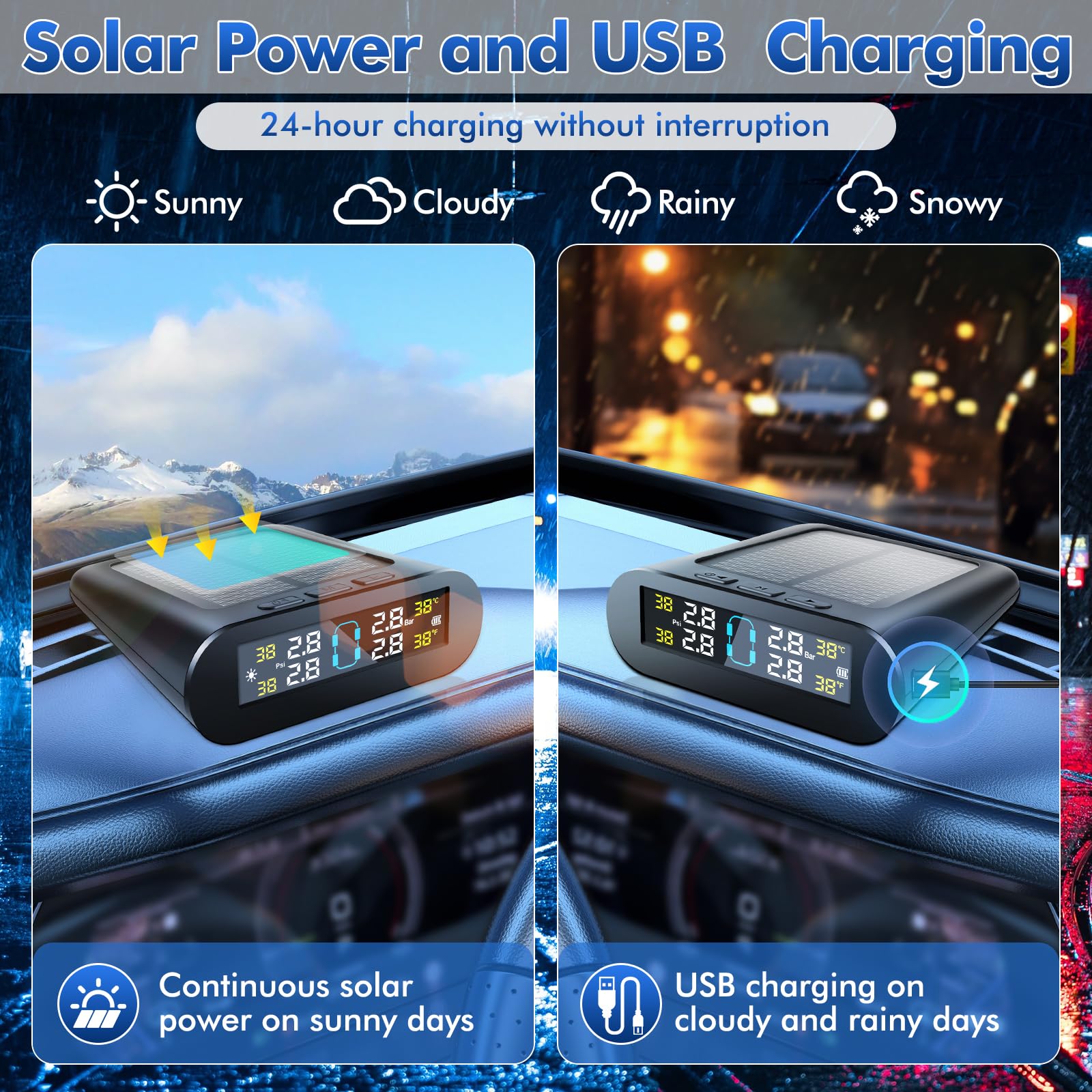 TPMS Sistema di monitoraggio della Pressione degli Pneumatici Solare Senza Fili e con Doppia Ricarica USB 5 modalità di Allarme 4 sensori Pressione Pneumatici, per Caravan Auto 0-3,5Bar Gamma