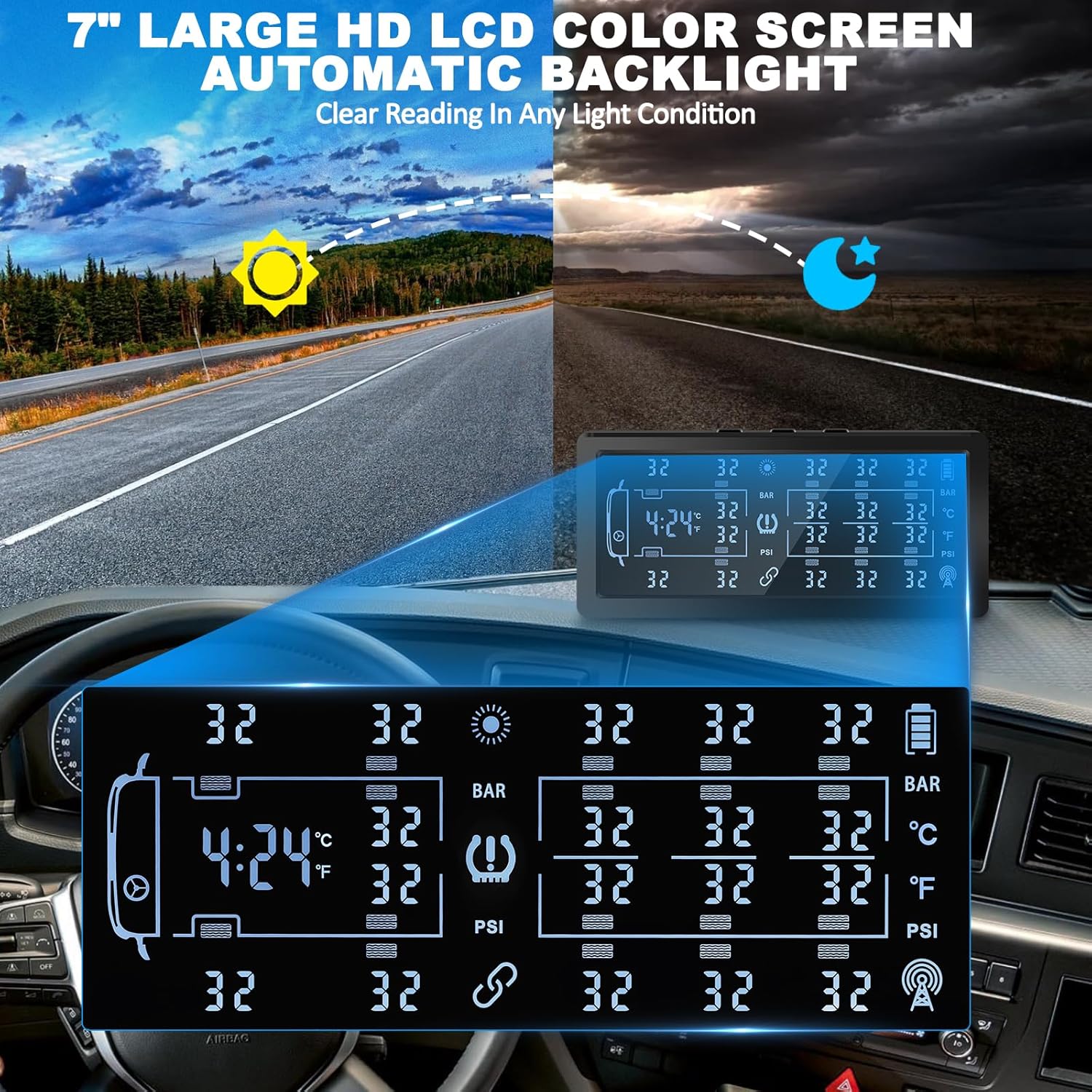 RV Trailer Tire Pressure Monitoring System,TPMS with 10 Sensors,Tire Pressure Monitor w/7″ Color LCD Display,Signal Booster,6 Alert Modes,Long Sensing Distance,0-188PSI,for RV, Trailers, Heavy Trucks