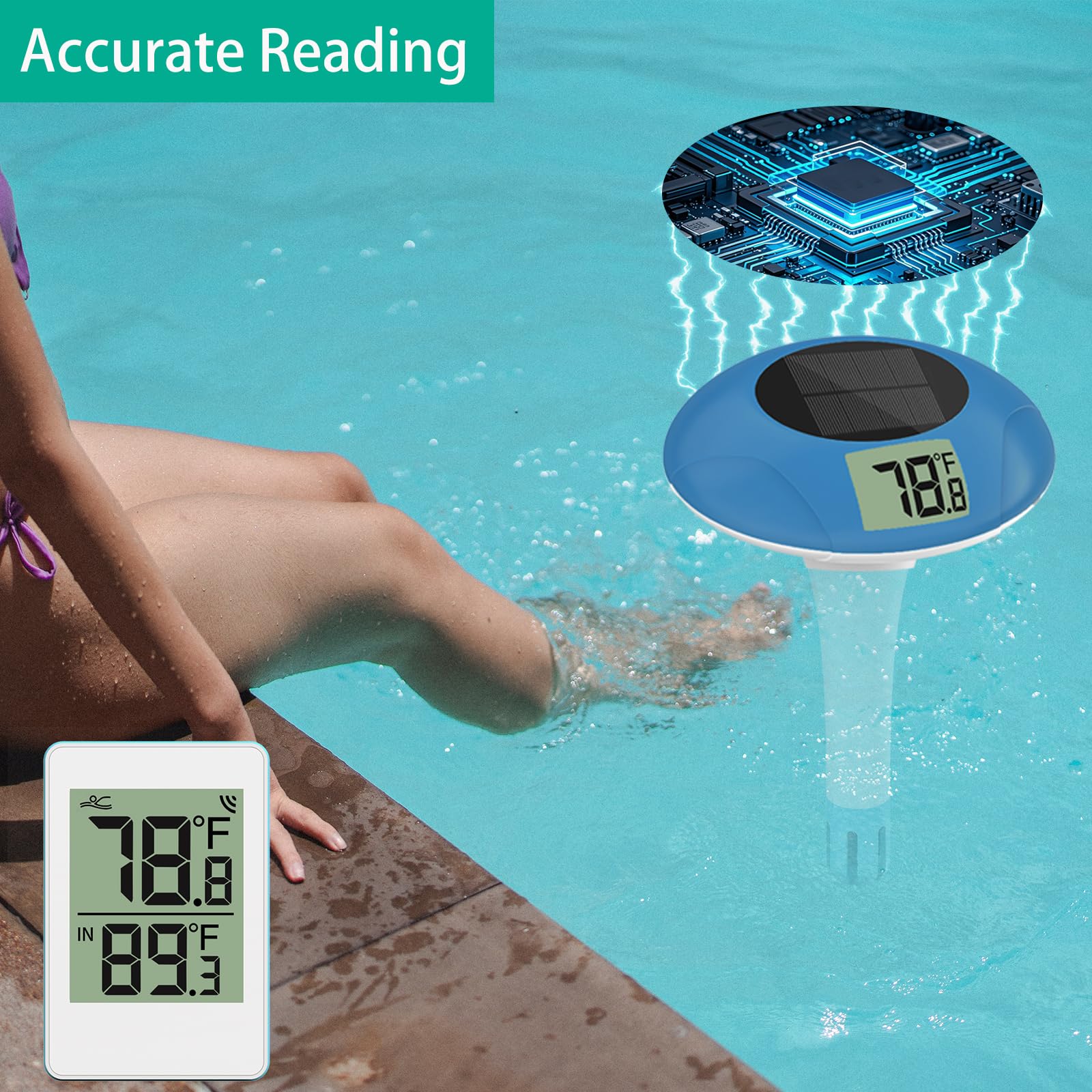 Termómetro inalámbrico para piscina, termómetro flotante digital, fácil de leer, IPX8, impermeable, medidor de temperatura solar para piscina, acuario, estanque, conexión de 328 pies de largo