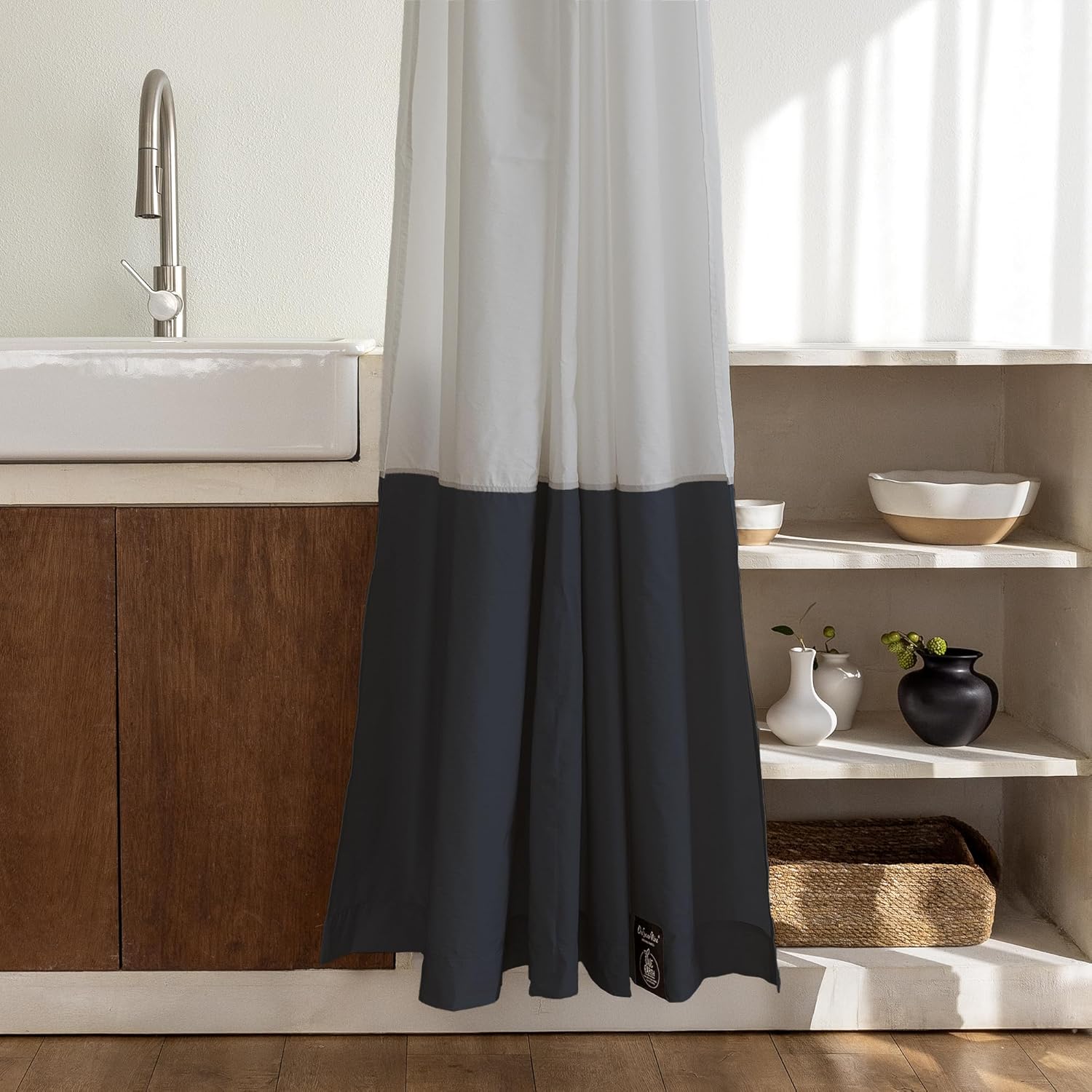 Quick-Dry Shower Curtain – Lightweight, Water-Repellent Design with Crinkle Texture, No Liner Needed, Made in Korea, Ash Navy, 68” W x 74” L