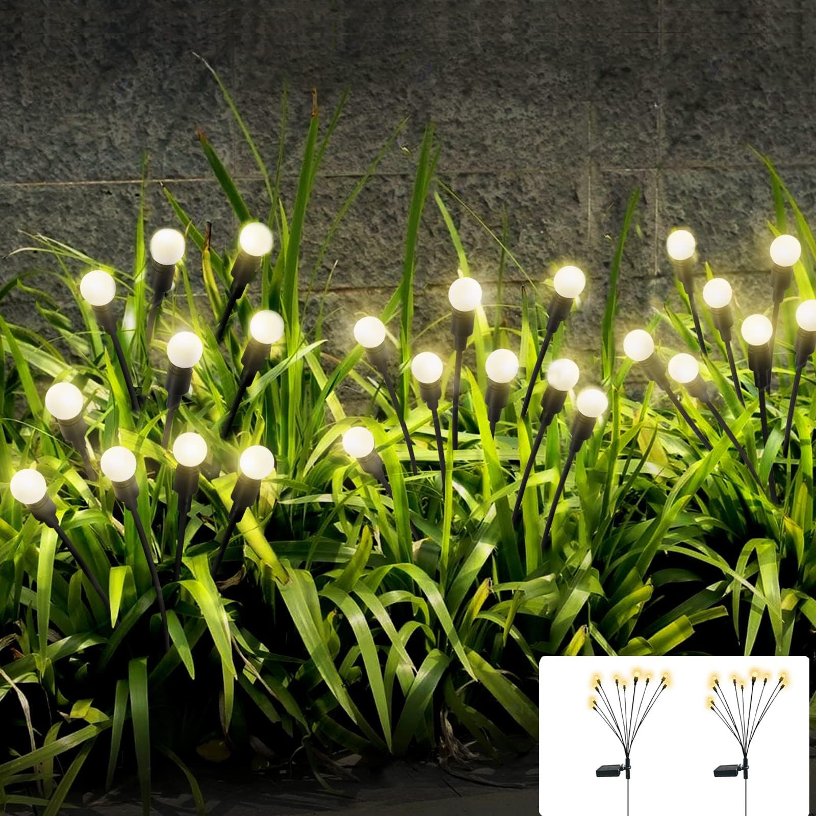 2PCS 10LED Solar Lights Outdoor Waterproof, 8LED Solar Garden Lights with Starburst Swaying Effect, IP65 Waterproof Wind-Activated Firefly Decorative String Light for Yard, Pathway, Patio