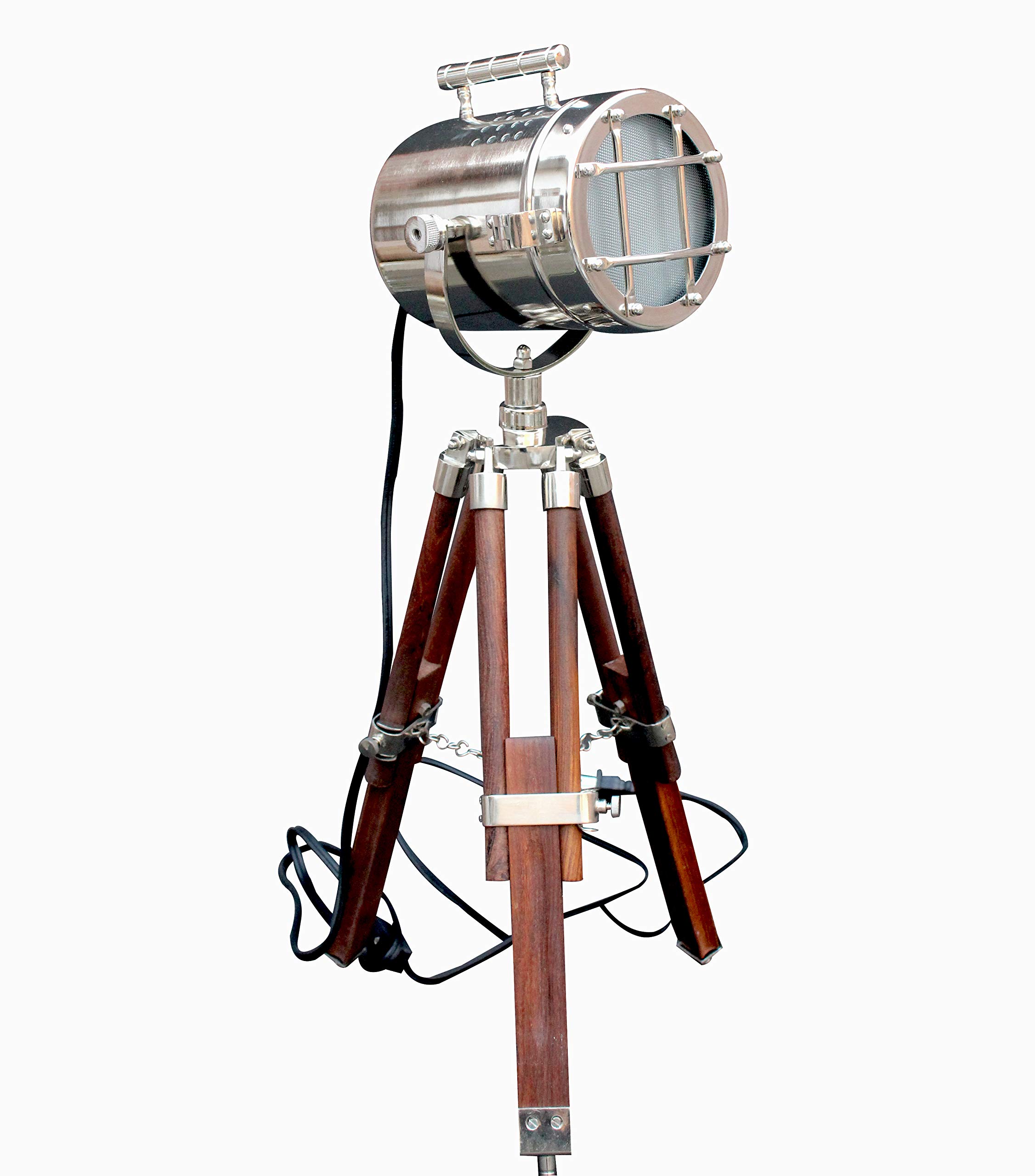 Morska vintage reflektor lampa statywowa chromowana i brązowa lampa stołowa