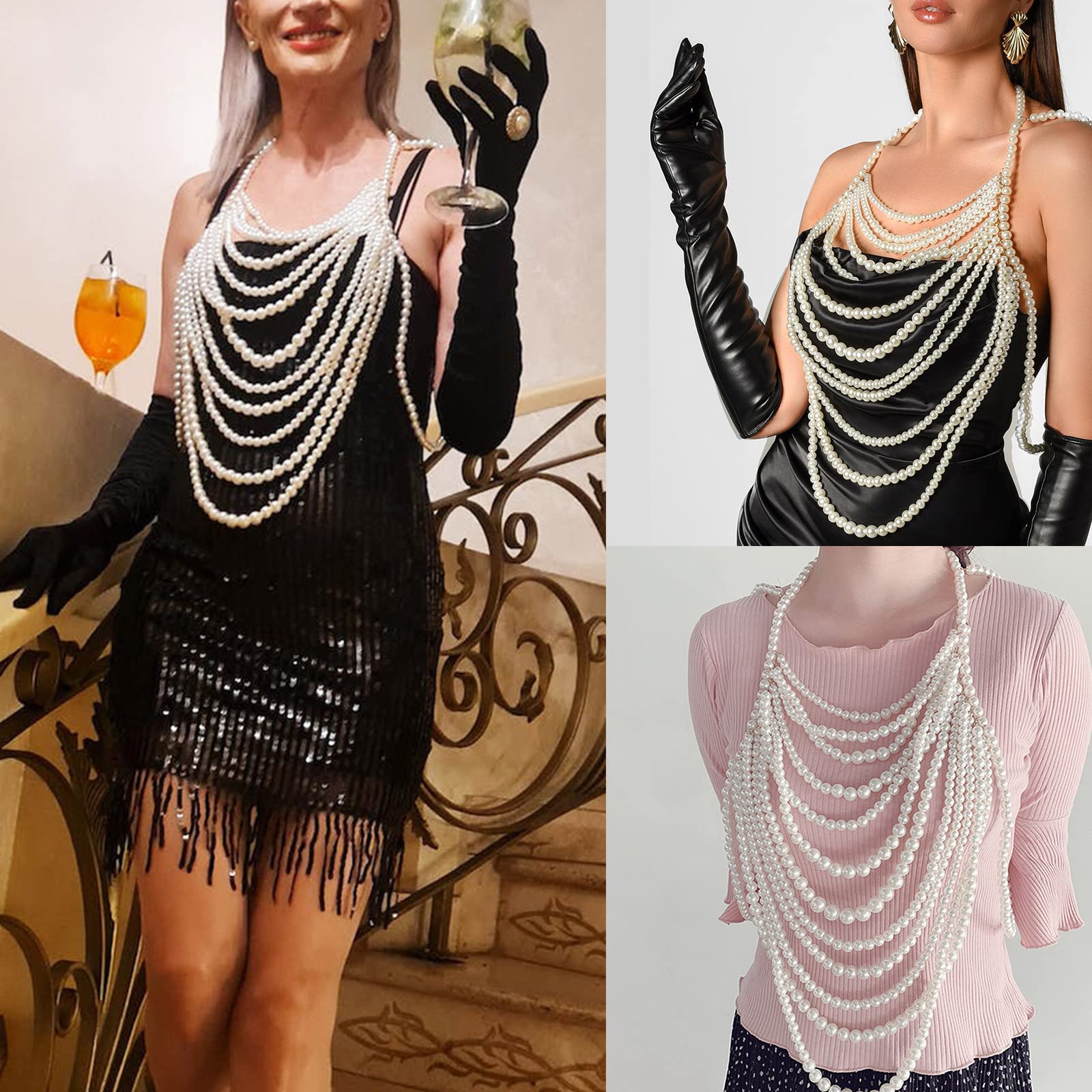 Collana multistrato con perline e perle per il corpo, bralette pettorale, gioiello per il corpo