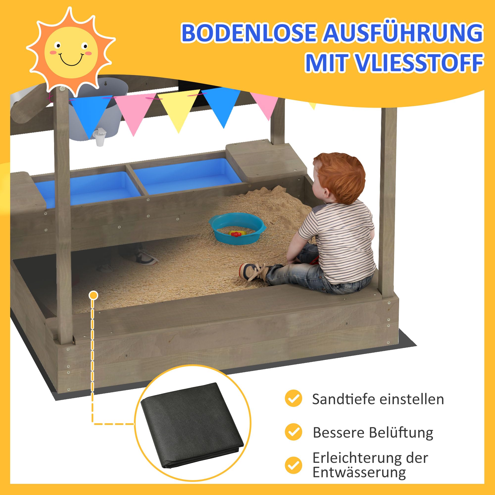 Outsunny Piaskownica z dachem, domek do zabawy dla 3-7, 124 x 116 x 146 cm, szara | Piaskownica z drewna z miejscem do siedzenia, piaskownica z tablicą, ogród