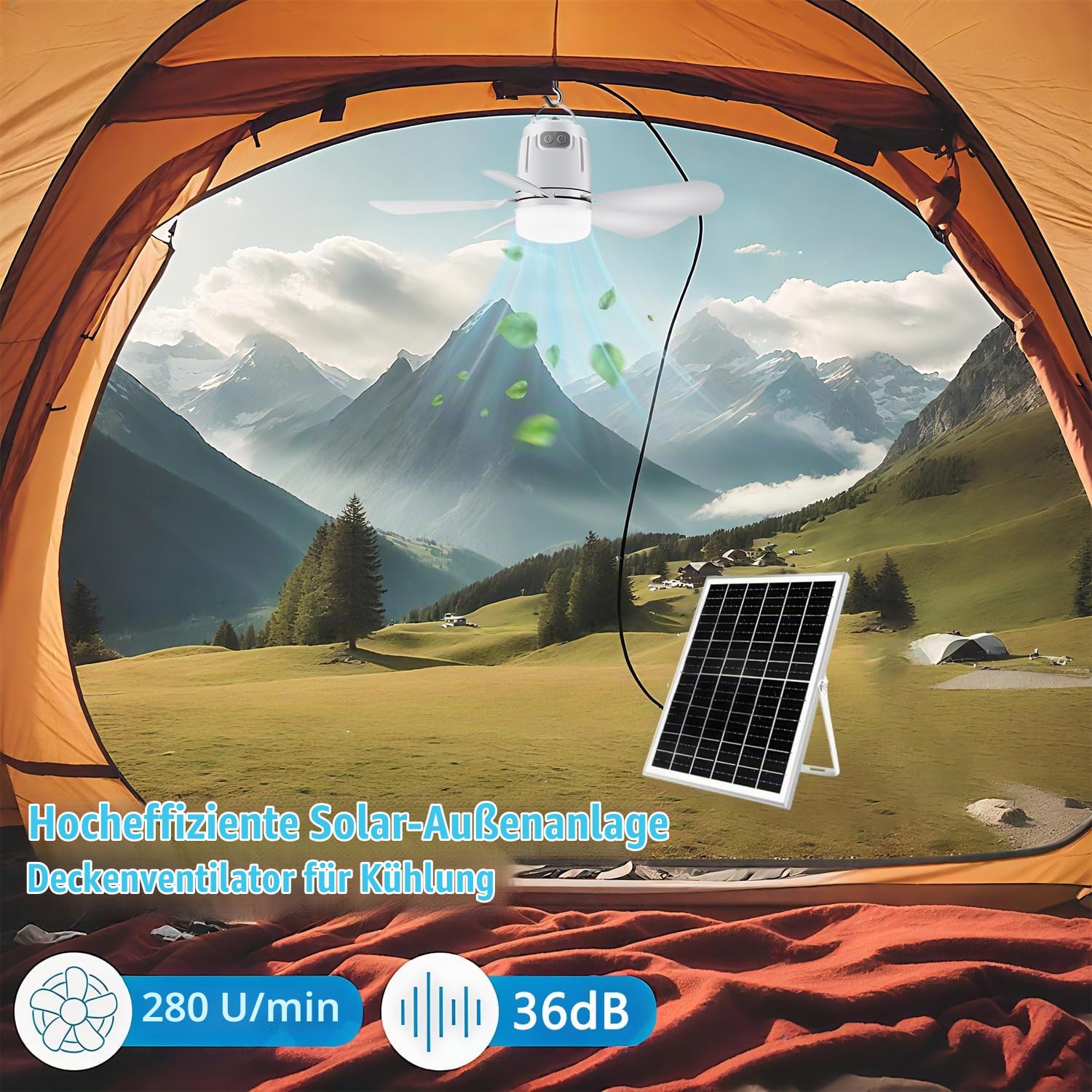 Solar Deckenventilator mit Beleuchtung Akku 20000mAh Ventilator mit Deckenleuchte LED Dimmbar Ventilatorlicht mit Fernbedienung Aufhängehaken Fan Deckenlampe für Terrasse Balkon Schirm Garten Outdoor