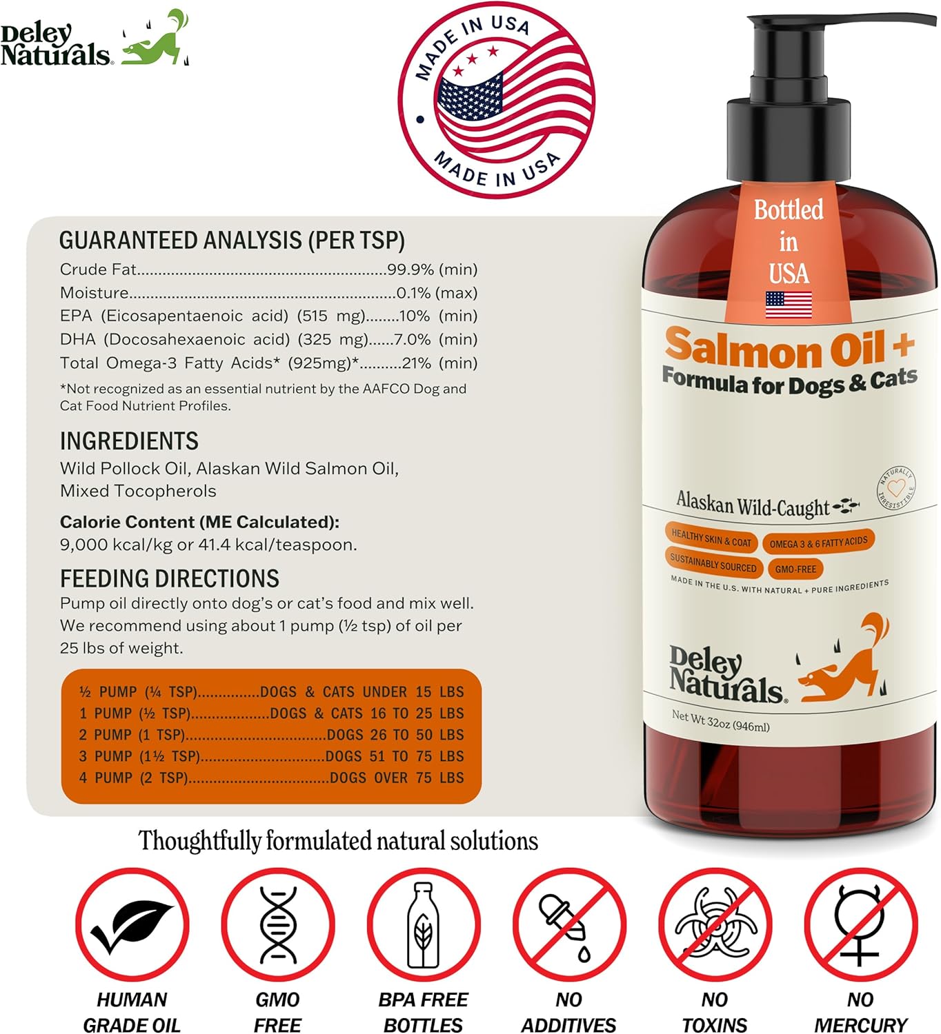Deley Naturals Wild Alaskan Salmon Oil for Dogs & Cats - New and Improved Salmon Oil Plus Formula - Fish Oil for Dogs with Omega 3, DHA and EPA - Omega 3 for Healthy Skin and Coat - 32oz Made in USA
