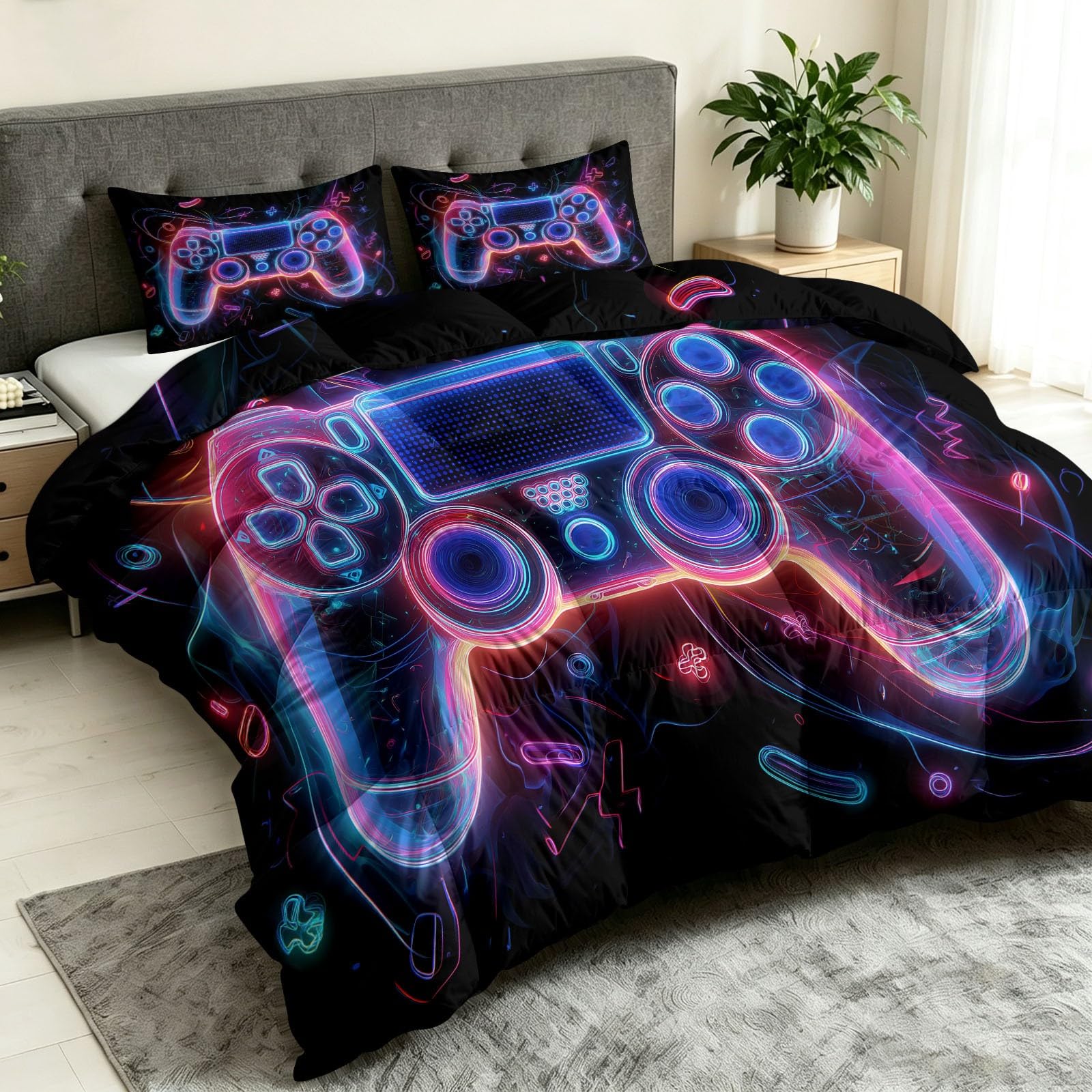 Edredón sin funda 240 x 220 cm - E Sports Gaming - Manta para todo el año, diseño de mando de videojuegos luminoso, 3 piezas, para alérgicos, 4 estaciones, edredón + 2 fundas de almohada de 80 x 80 cm