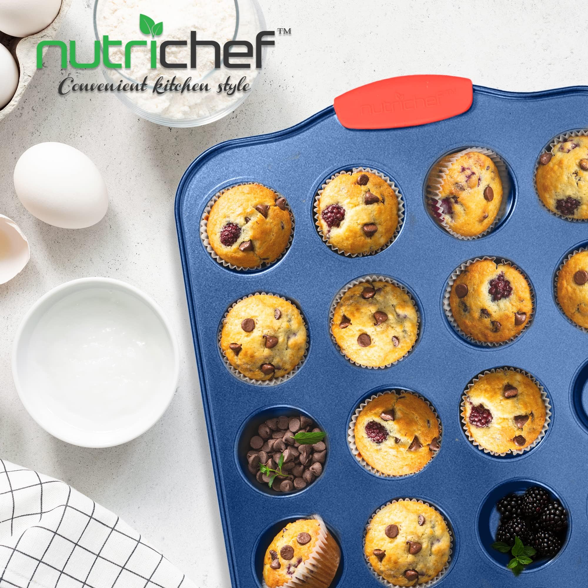 NutriChef Backform für 24 Muffins, antihaftbeschichtet, Deluxe-blaue Karbonstahl-Backform mit roten Silikongriffen, kommerzielle Qualität, Restaurantqualität, Metall-Backformen, kompatibel mit Modell