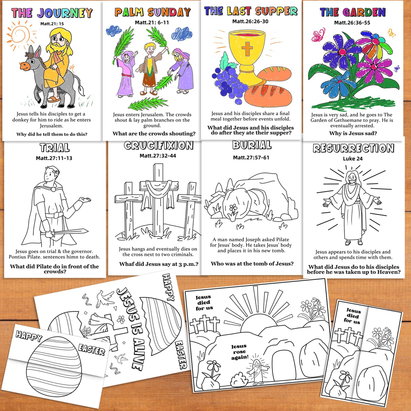 ANTING Easter Story Coloring Cards Craft Pages for Kids,Christian Holy week Easter Folding Surprise Craft Activity Bible Jesus Christ Resurrection Atonement Religious Scripture Coloring Cards Craft