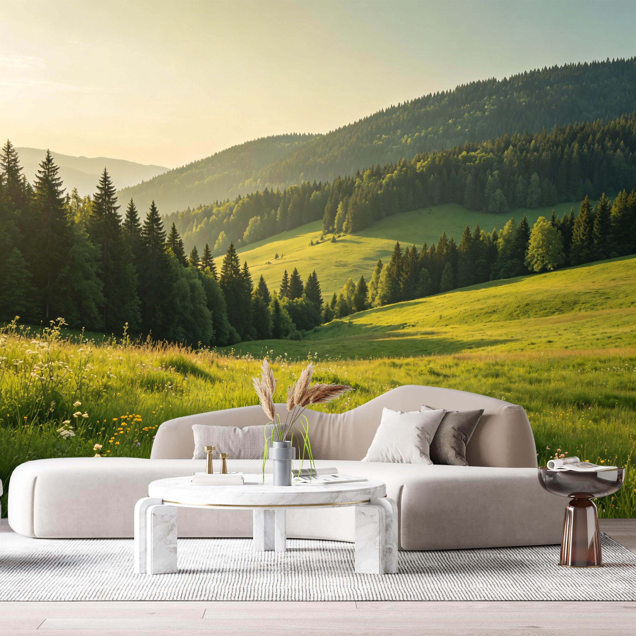 Custom Size Wall Murals Mountain Landscape Forest Valley Wildflowers Sunlight SelfAdhesive Wall Fabric Removable Large Wallpaper for Photo Living Room