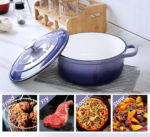 Miniatura 5 de Hornos holandeses de hierro fundido esmaltados cubiertos con doble asa, 2.8 cuartos de galón, color blanco