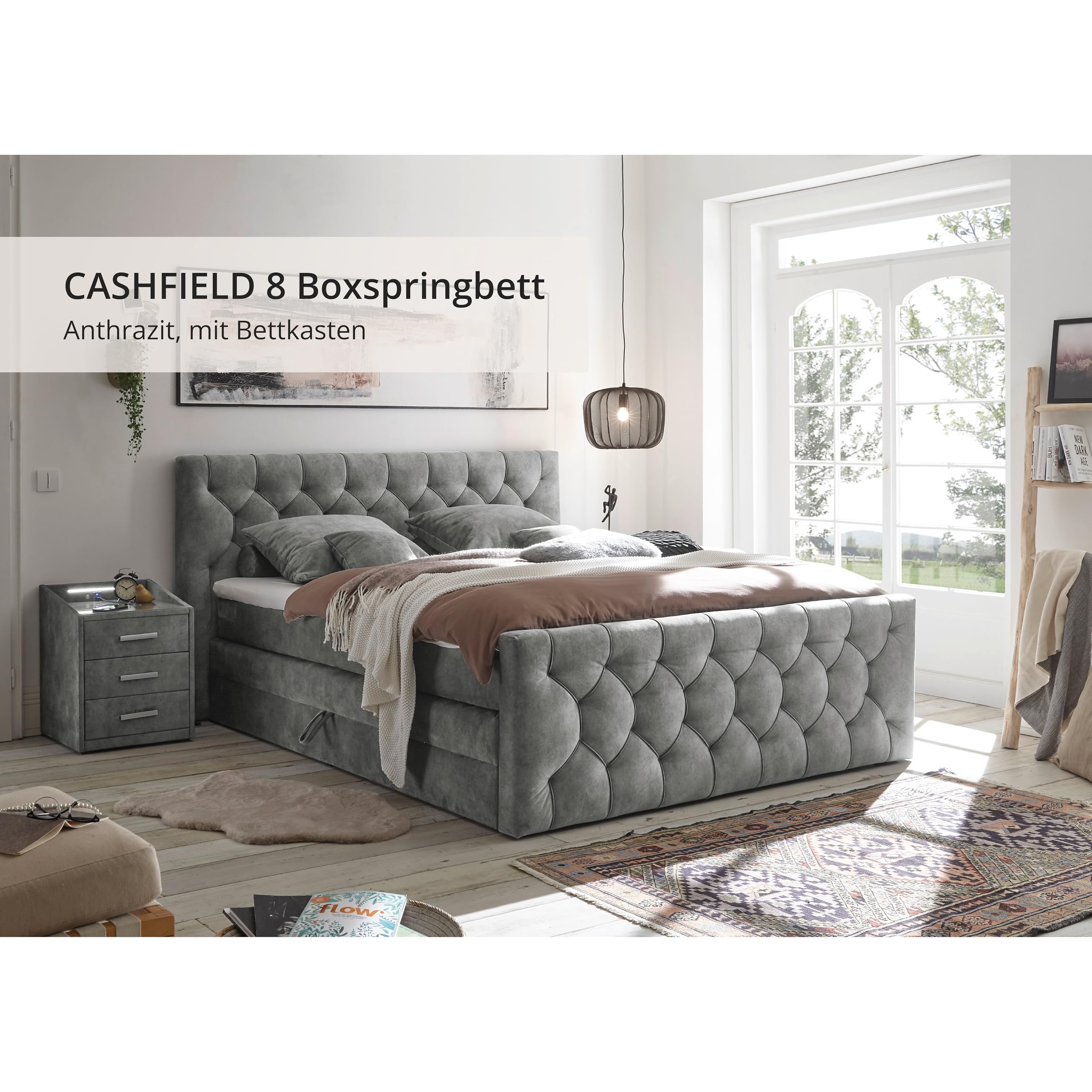 BEDANTE Boxspringbed MANHATTAN 180x200 Monolith 70 Lichtblauw Bed Met Opbergruimte Tweepersoonsbed Hotelbed Topper Matras Slaapkamer Opbergruimte