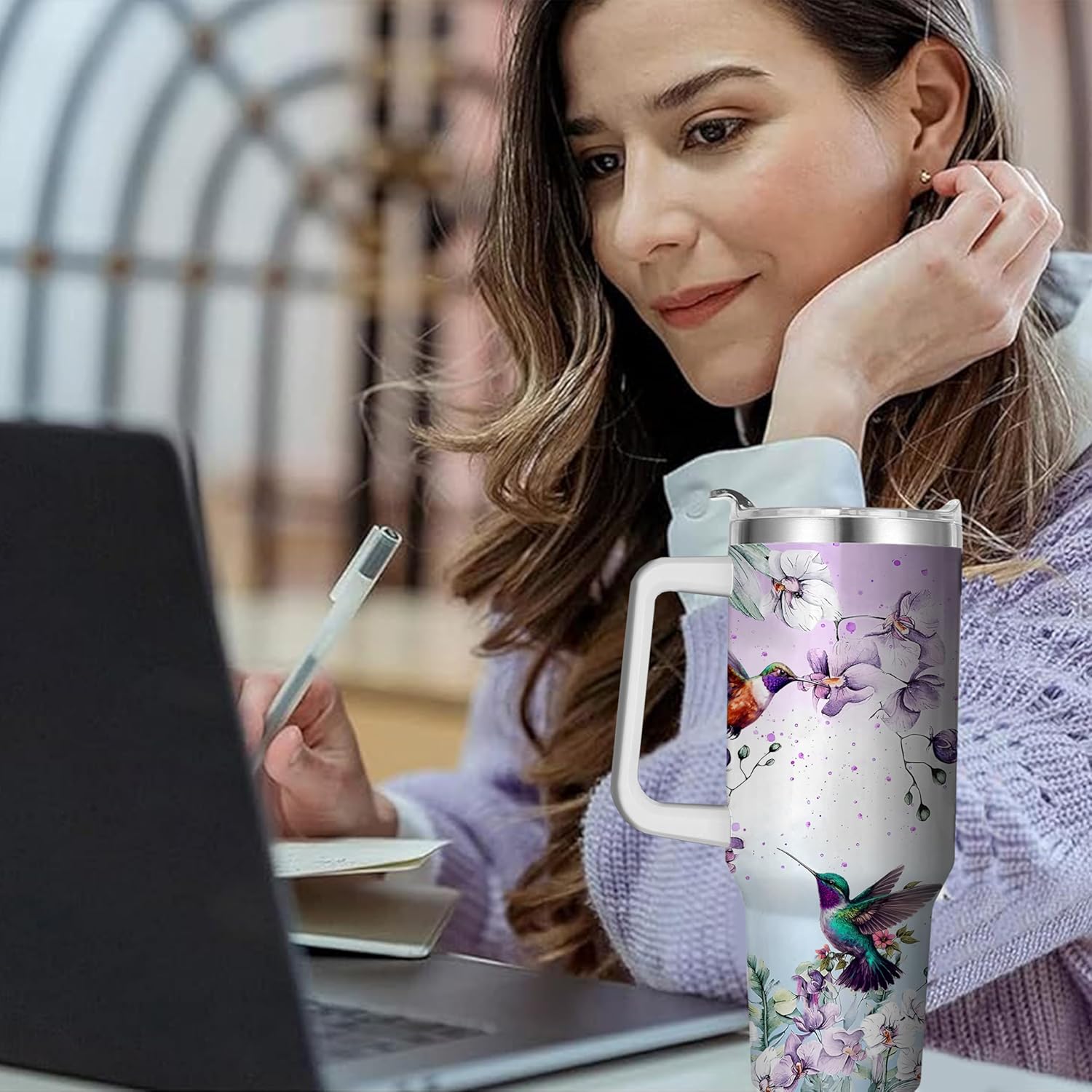 40 Oz Hummingbird Tumbler with Handle and Straw, Double Wall Coffee Travel Mug Leak Proof, Stainless Steel Hummingbird Cup with Handle and Straw, Reusable Insulated Hummingbird Mug Gifts for Women - Image 6