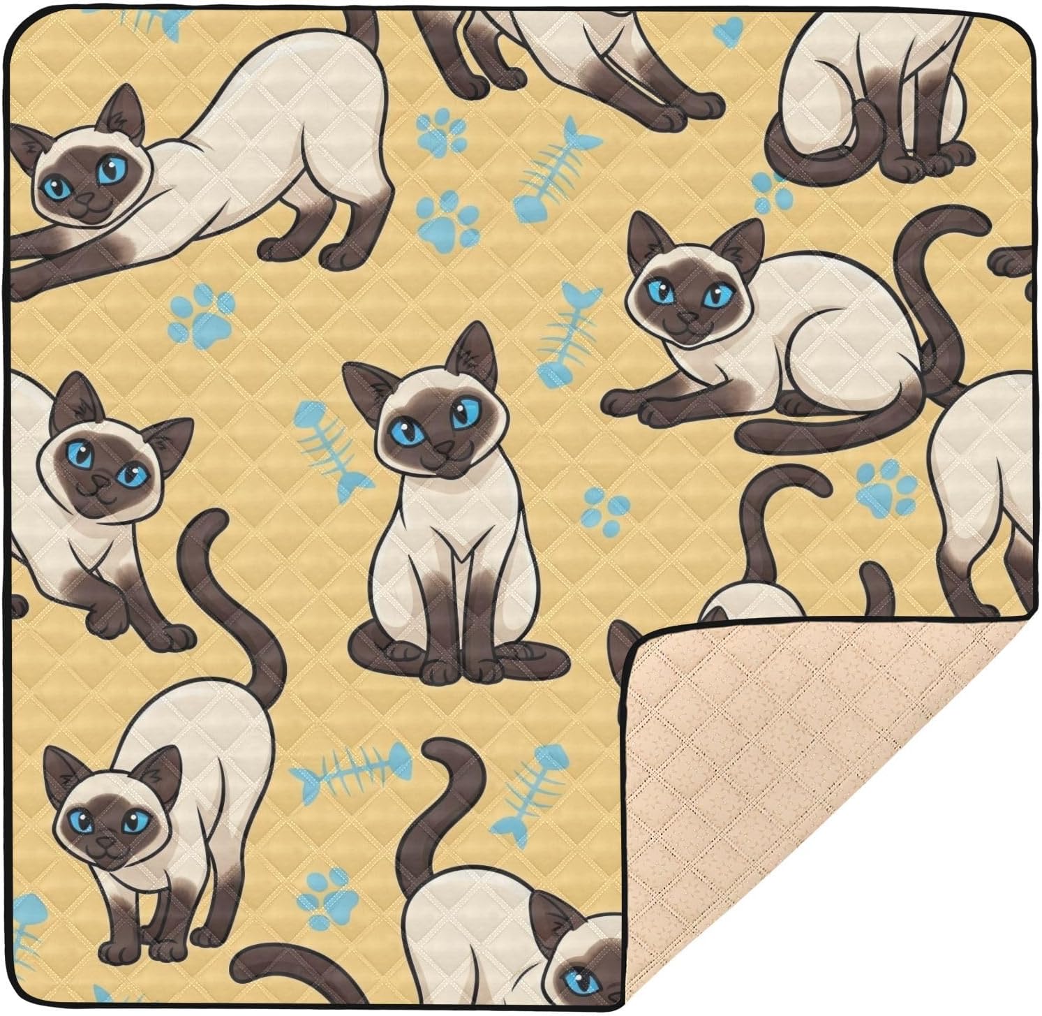 Cartoon Artistic Cat Baby Play Mat,Portable Foldable Crawling Mat Thicken Soft Non-Slip Waterproof Washable Baby Mat 50 x 50 Inch