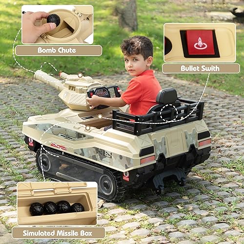 Miniatura 2 de TOBBI Vehículo militar eléctrico de 24 V con control remoto para niños pequeños, vehículo militar de combate todoterreno de 360 con misiles, juguete
