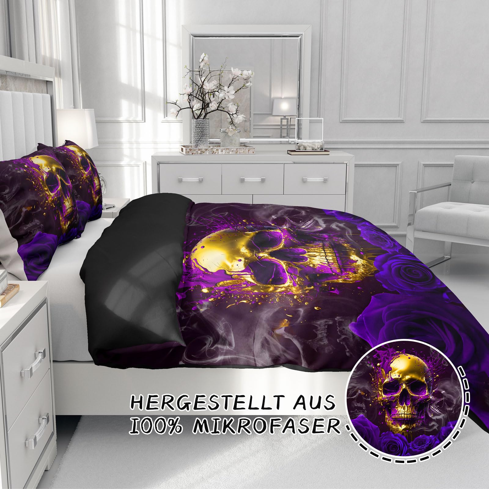 UGZDEA Tête De Mort Ensemble De Literie 200x200cm, Gothique Noir Skull Motif D'impression Ensemble De Literie, Halloween Microfibre Ensemble De Literie Avec Fermeture éclair (A, 200x200cm