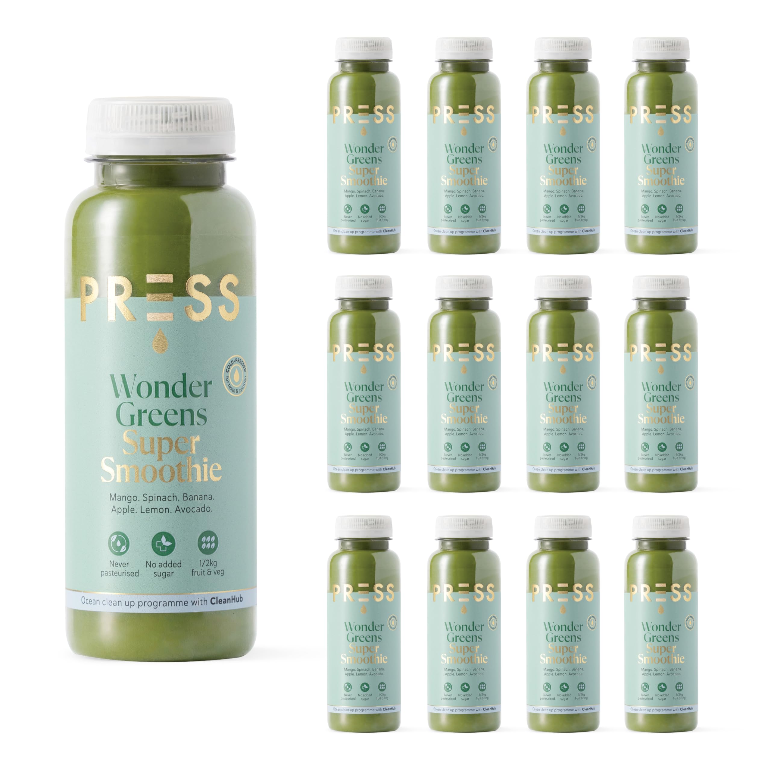 PRESS Healthfoods, 12 x 250ml Wonder Greens Super Smoothie, Cold Pressed Super Green Smoothie containing Turmeric and Cayenne, Vegan Friendly