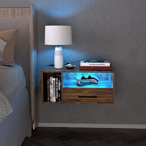 Miniatura 8 de Mesita de noche con estación de carga y tiras LED, mesa de 21.3 pulgadas con cajones, mesita de noche flotante con puertos USB y tomas, muebles de