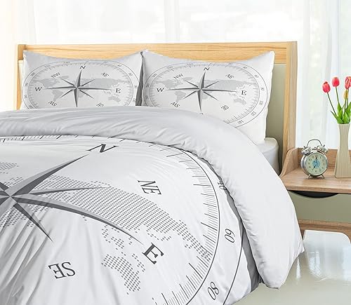 Miniatura 4 de Ambesonne Juego de funda de edredón de brújula, ilustración de mapa del mundo, marinero marítimo, equipo de vida monocromático, juego de ropa