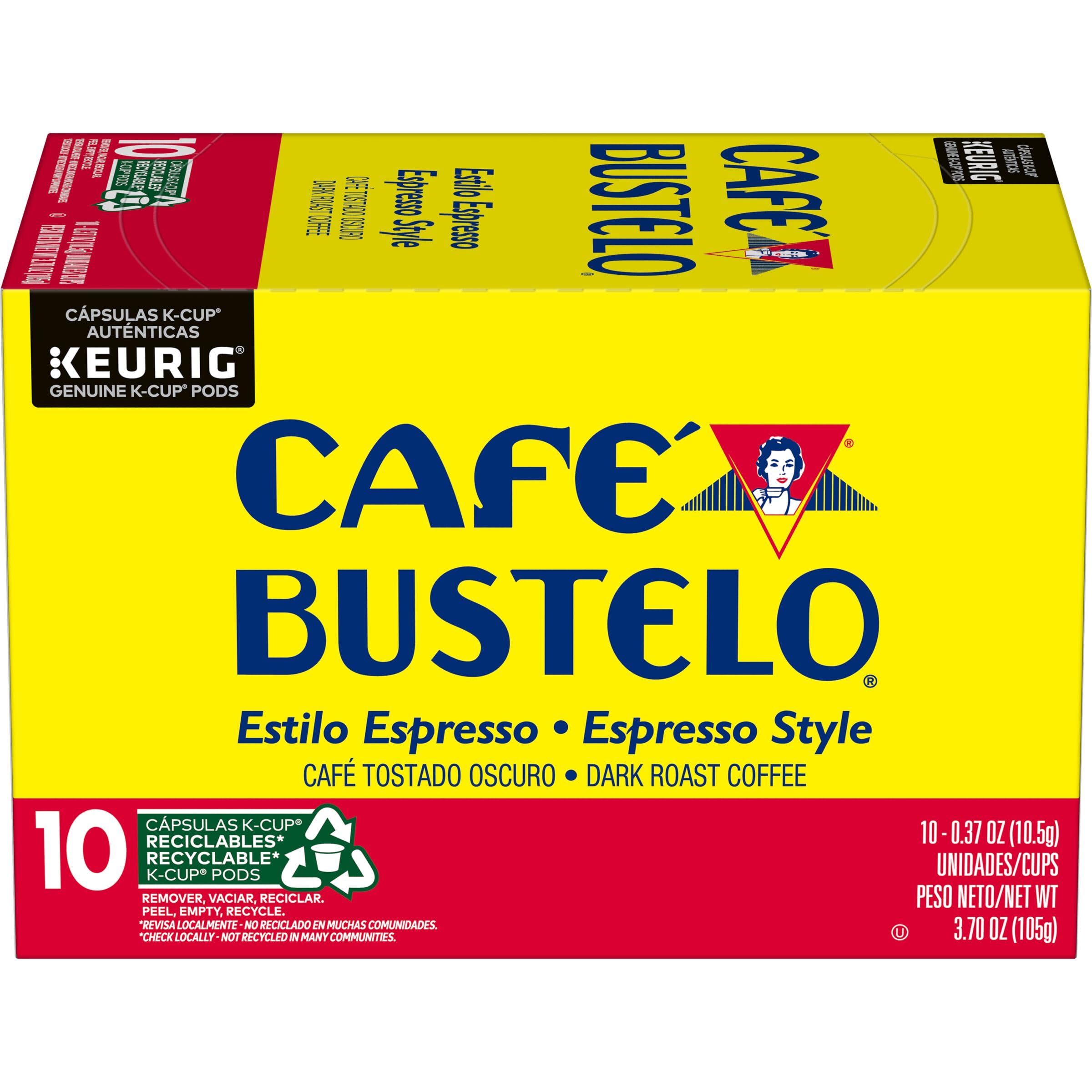 café bustelo espresso style dark roast coffee, keurig k-cup pods, 10 count box exp 10/25