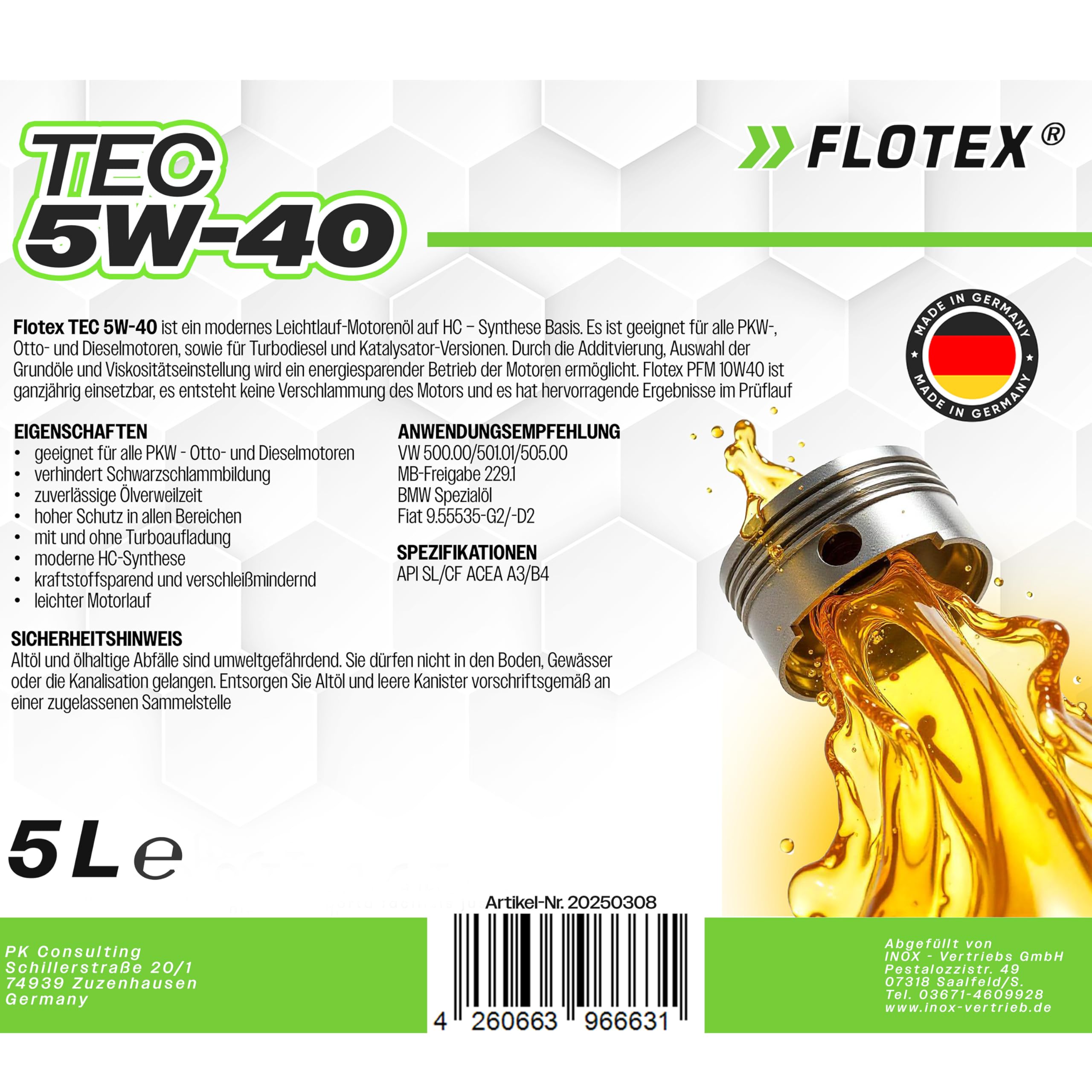Premium Tec 5W40 Motoröl 5L I Hochwertiges 5W40 für geringere Emissionswerte I Ergiebiges 5W 40 Motoröl für Otto- & Dieselmotoren I Profi 5 W 40 5L mit hervorragender Viskosität