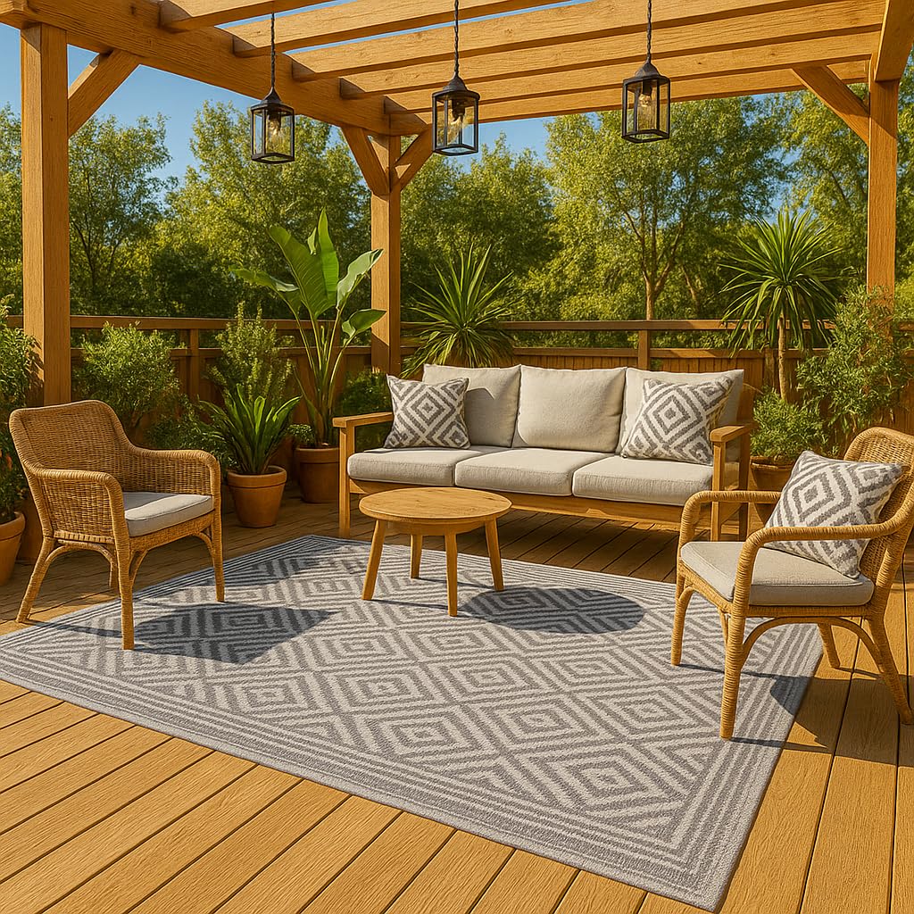 KAMACA Outdoor Teppich Raute wetterfest UV beständig wendbar für Balkon Terrasse Garten Wohnmobil Camping Robuste und Pflegeleichte Campingmatte für alle Außenbereiche (Teppich 120 x 180 cm grau)