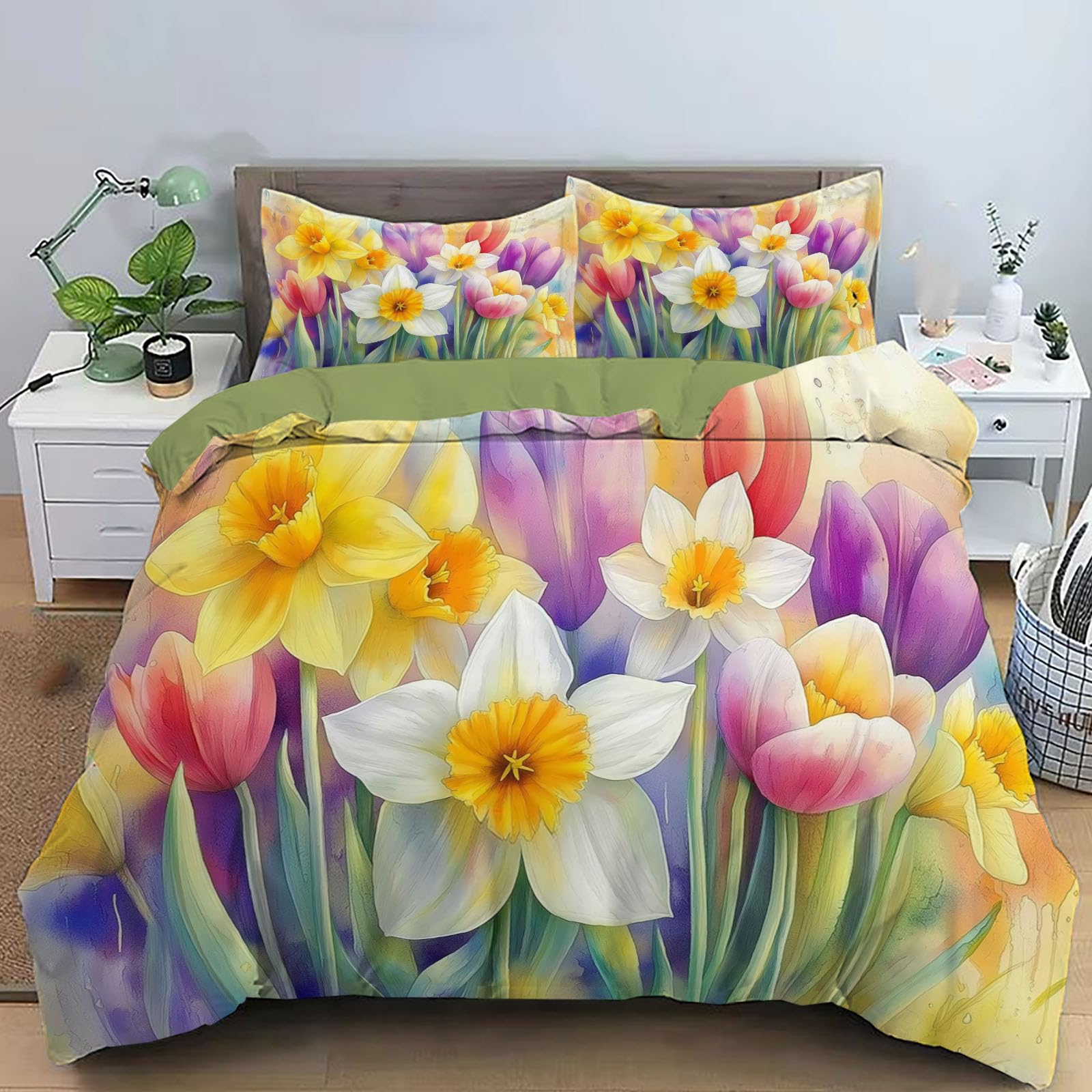 Housse de couette douce et respirante aquarelle jaune moutarde 3 pièces 260x240cm
