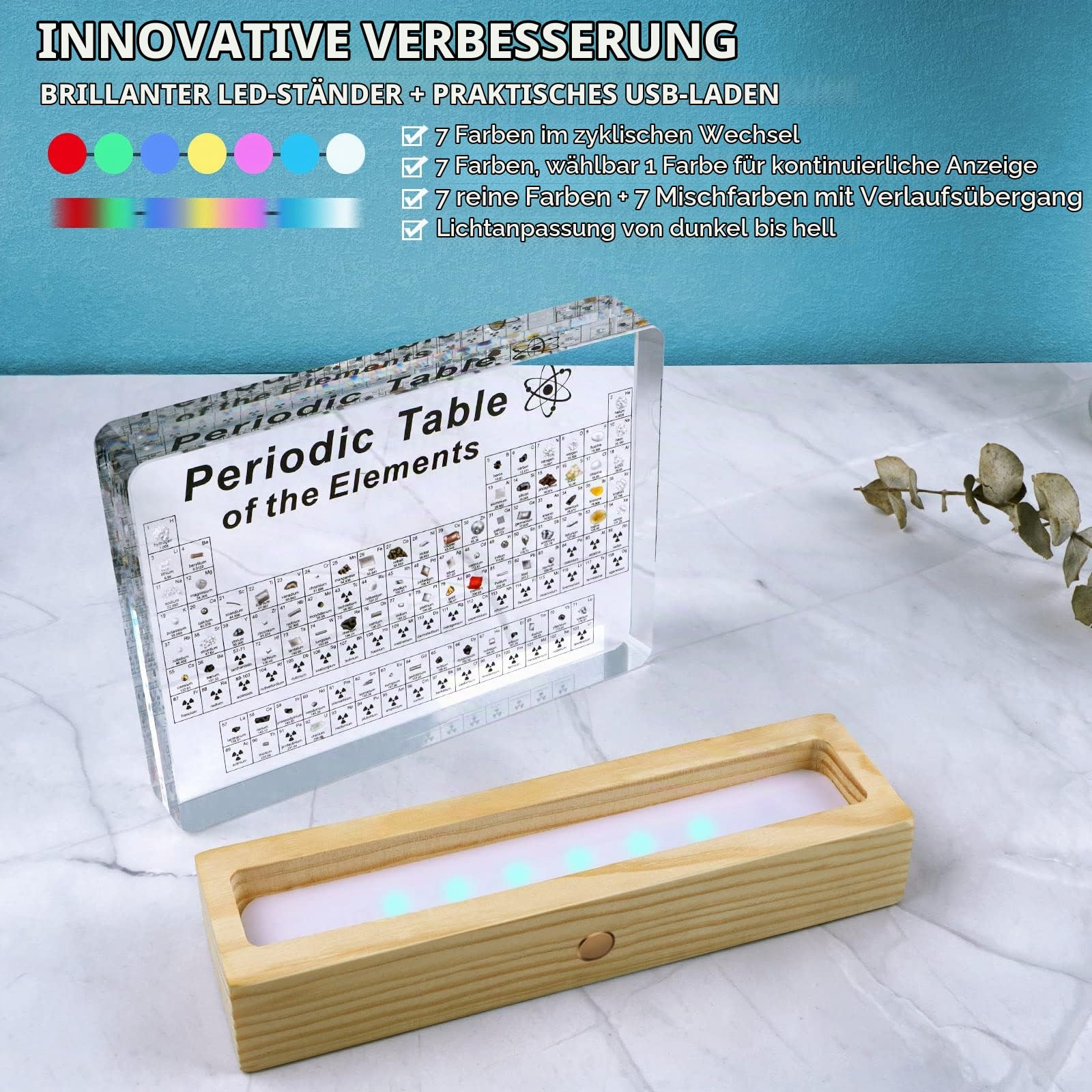 Jeebel Periodensystem der Echten Elementen, Periodensystem aus Acryl der LED Tischlampe mit 83 echten Elementproben, Periodic Table zum Lehrwerkzeug Basteln kreativ Geschenk für Schüler Lehrer Kinder