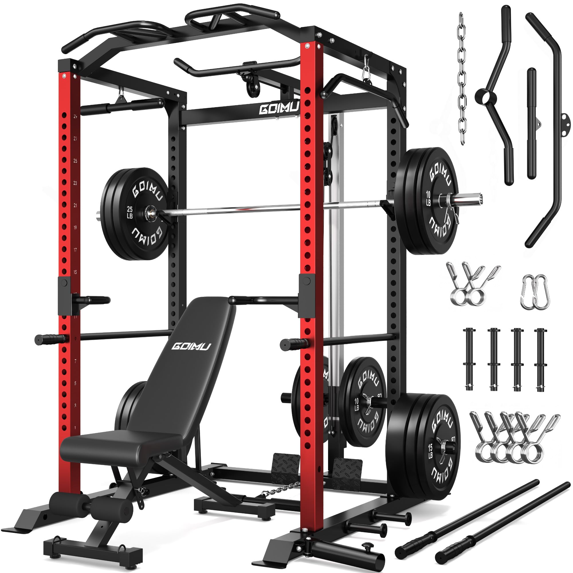 C1-V4 Power Cage, 2000LBS Squat Rack with LAT Pulldown, Multi-Function Weight Cage Strength Training Machine, Workout Cage with More Attachments for Home Gym Garage
