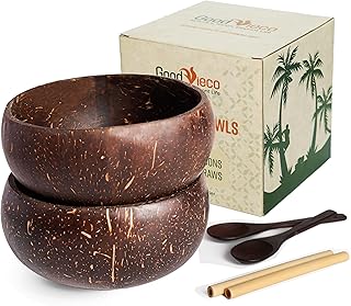 Coconut Bowl Set (2, Polished) – Natural Coconut Shell Bowls with Bamboo...