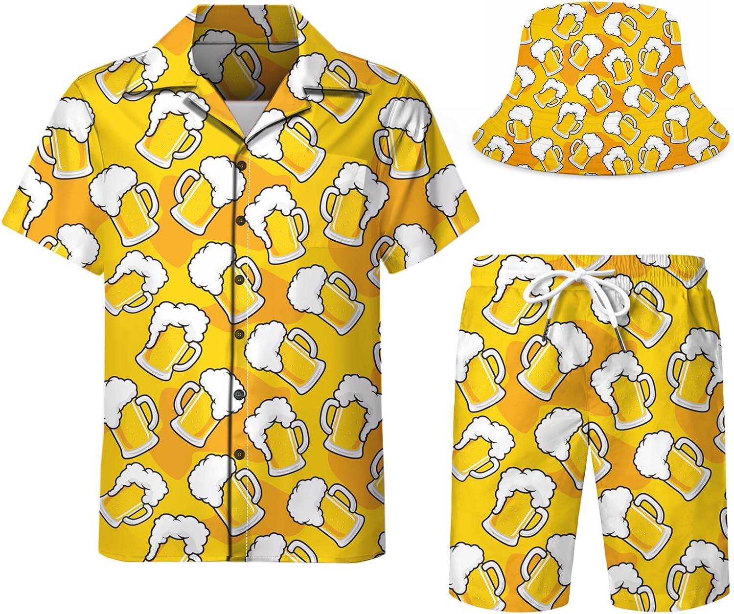 Men’s 2 Piece Tracksuit funny hawaiian shirts for men Button Down Shirt Shorts rave Outfits With Bucket Hats