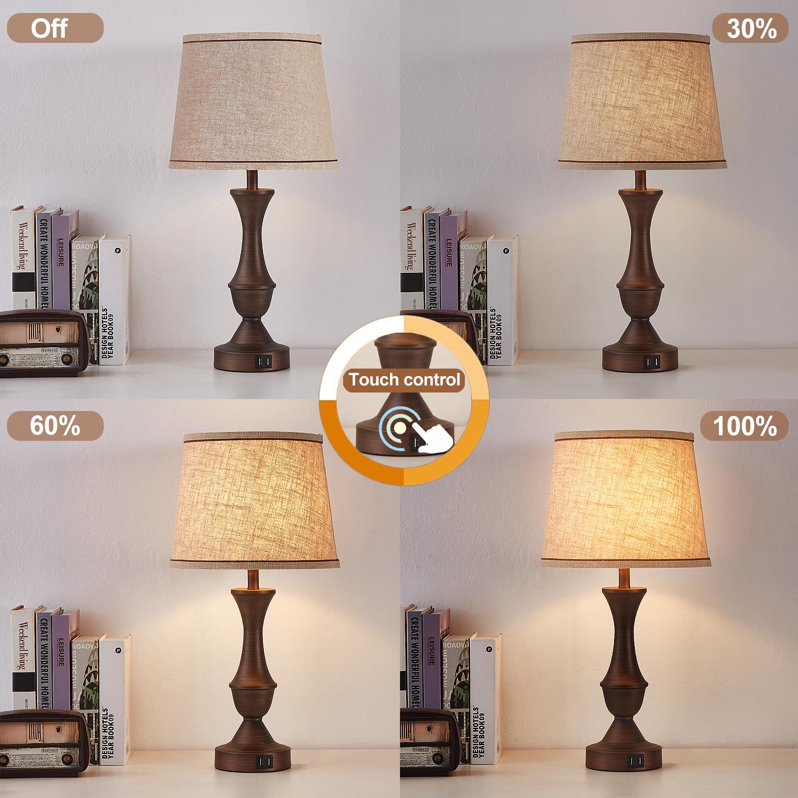 Luvkczc Schlafzimmerlampen für Nachttisch 2er Set, Lampen für Schlafzimmer 2er Set, Nachttisch Touch Lampe mit Dual USB Ladeanschlüssen