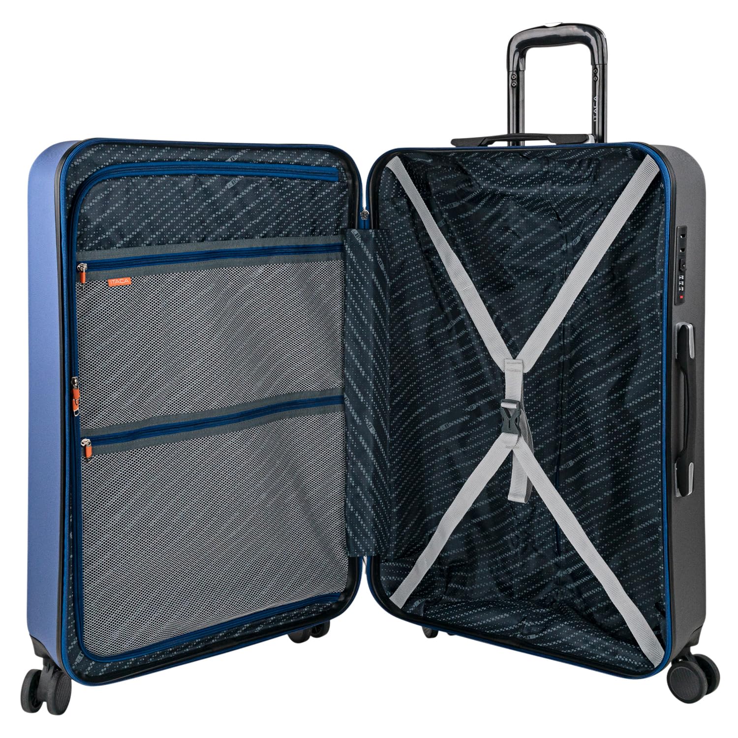 ITACA - Valigia 23Kg da stiva capiente Valigia rigida XL con ruote silenziose Trolley Grande Rigido leggero ideale per viaggi lunghi con Lucchetto a combinazione, Blu Navy-Antracite