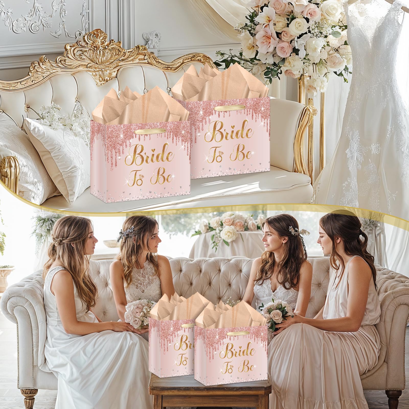 Amazon.com: 11.8x9.4x5.3In Bride Gift Bag Rose Gold Bridal Shower Gift Bags  with Cards Tissue Paper Large Bridal Gift Wrapping Bag Bachelorette  Engagement Wedding Shower Gift Bag for Rose Gold Christmas Bride to