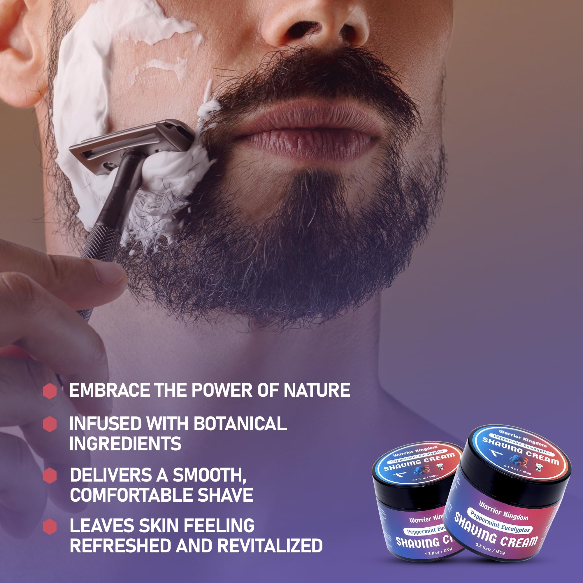 Warrior Kingdom Crema de afeitar - Eucalipto de menta. Aroma refrescante. Espuma cremosa rica para el afeitado más suave. Para cara, cabeza y cuerpo. Fórmula suave, no irritante para todo tipo de piel 4