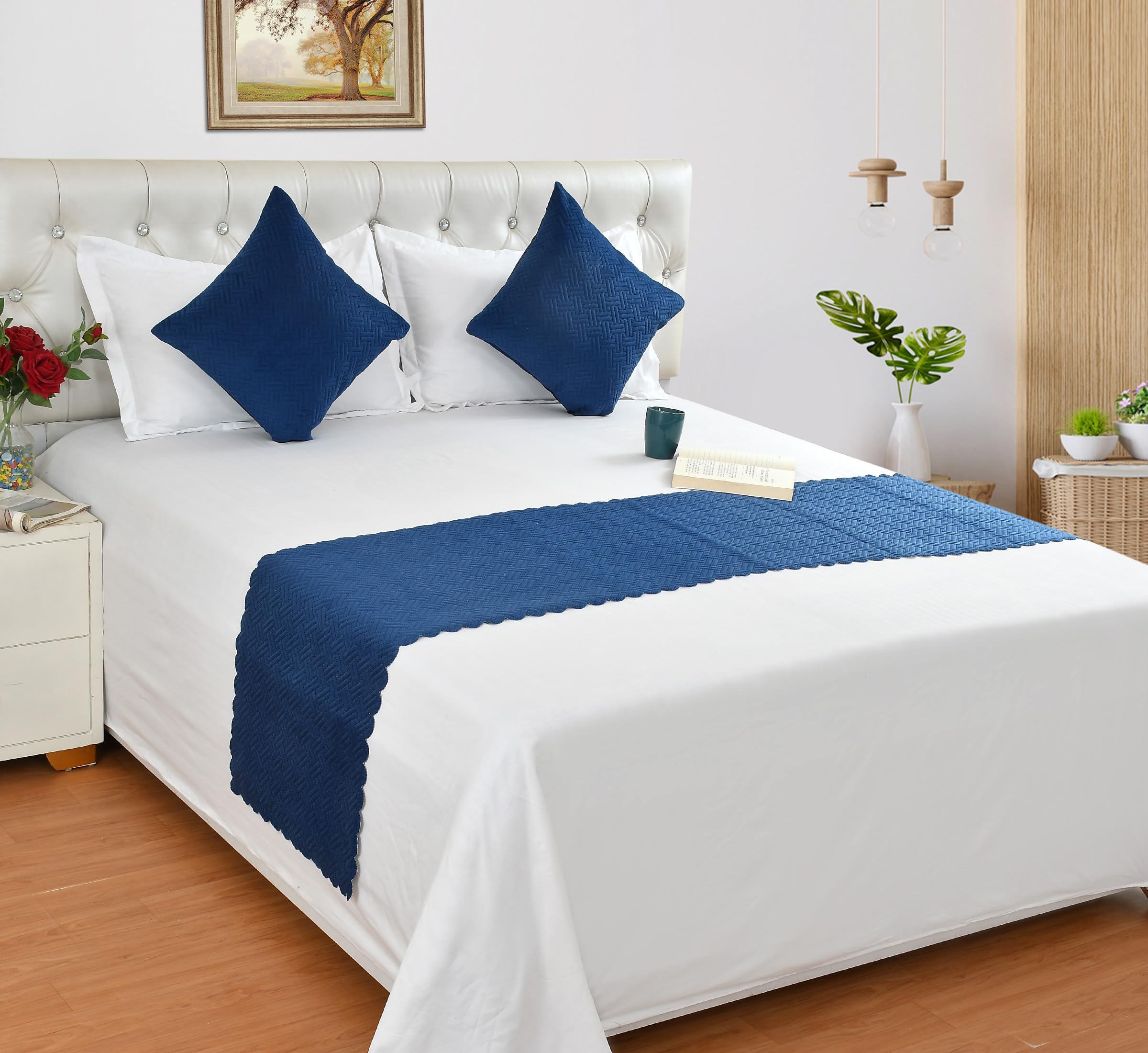 Ultrasonic Quilted Velvet Bed Runner Scarf with Cushion Covers for Double Bed, King Size Bed (Runner: 18x90, Cushion Cover: 16x16) (Blue)-picture-26
