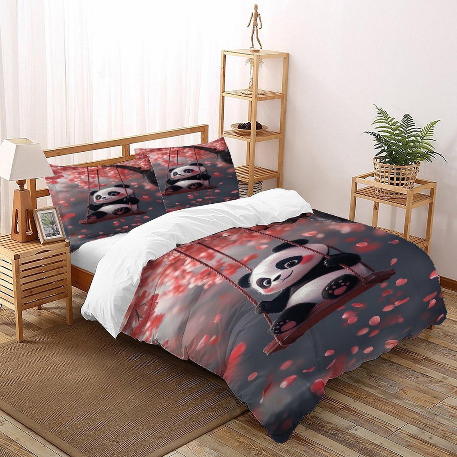 Panda Cherry Bedding Set Theme Bedspread Animal Themes Wildlife Duvet Cover Set Microfiber Comforter Cover Universal for All Seasons with Pillowcase Super King（260x220cm）