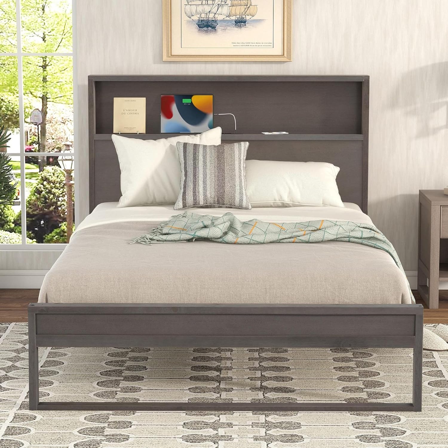 Yoluckea Full Bed Frame with Charging Station Wood Platform