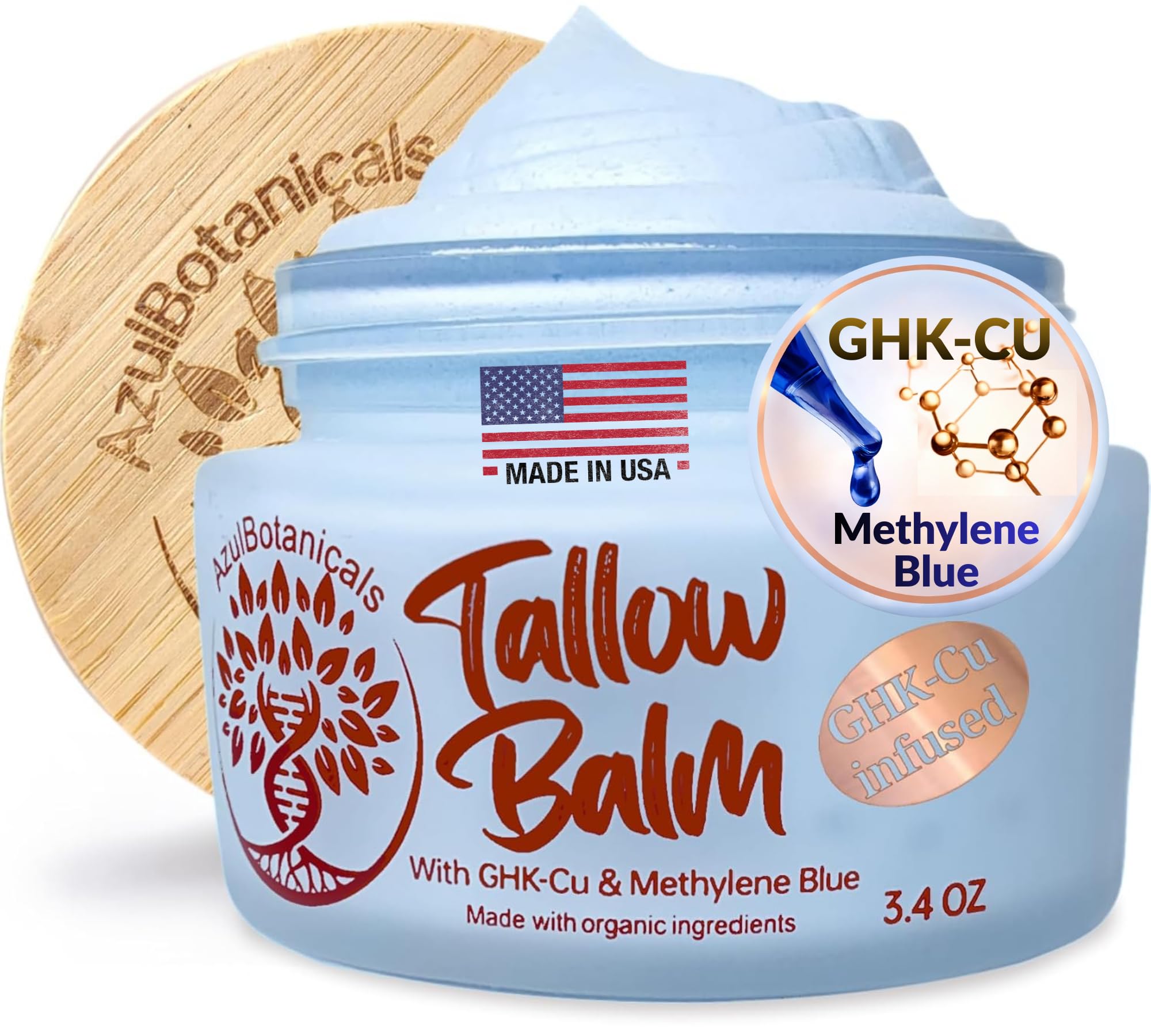 Copper Peptide GHK-Cu & Methylene Blue Infused Whipped Grass Fed Beef Tallow Balm, Anti-Aging, Fine lines, Wrinkles, Eczema, Acne, Full body moisturizer, All skin types, With Organic Ingredients 3.4oz