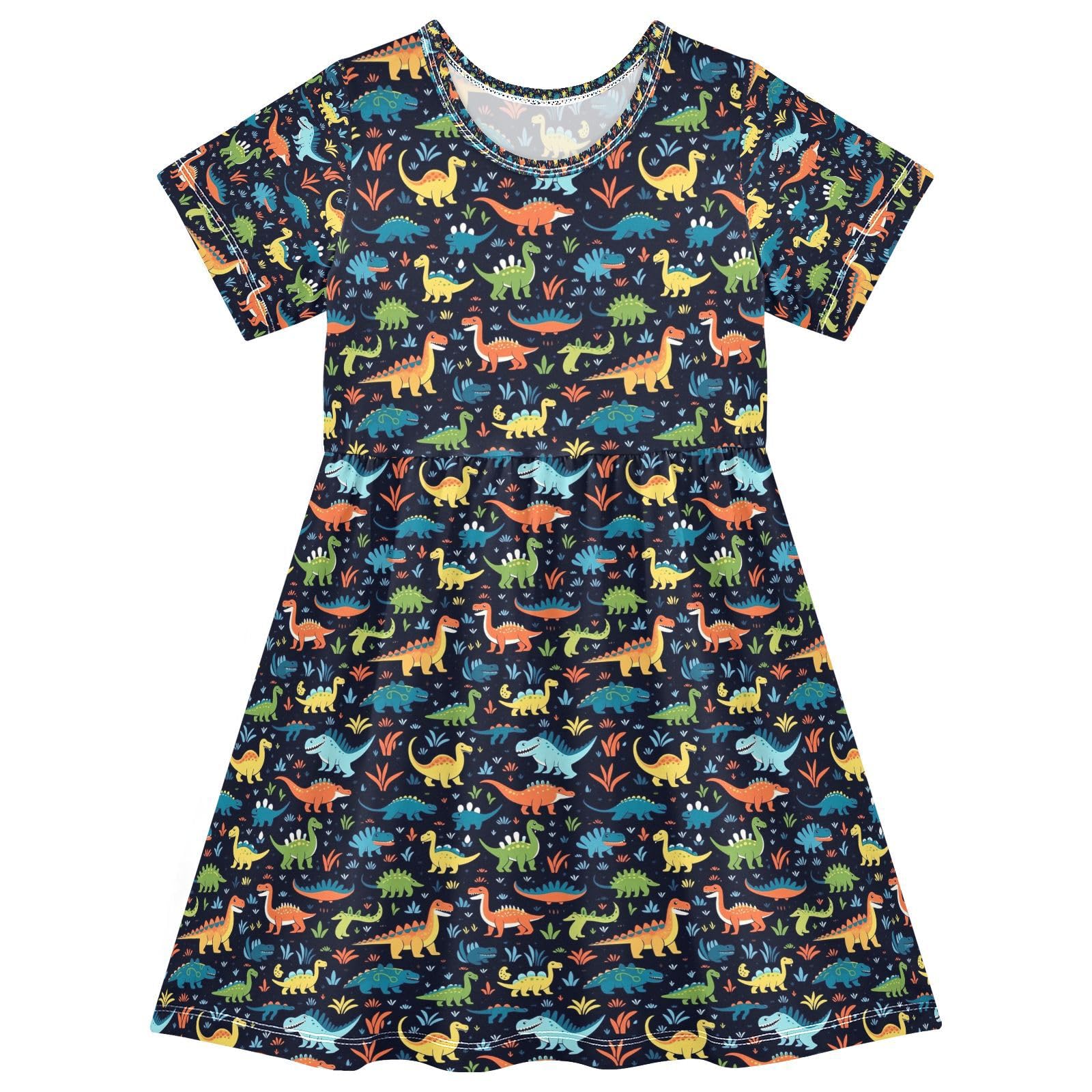 ALAZA Yellow Dog Puppy Blue Girls Dress Short Sleeve Toddler Casual Dresses Summer Sundress 2-8T