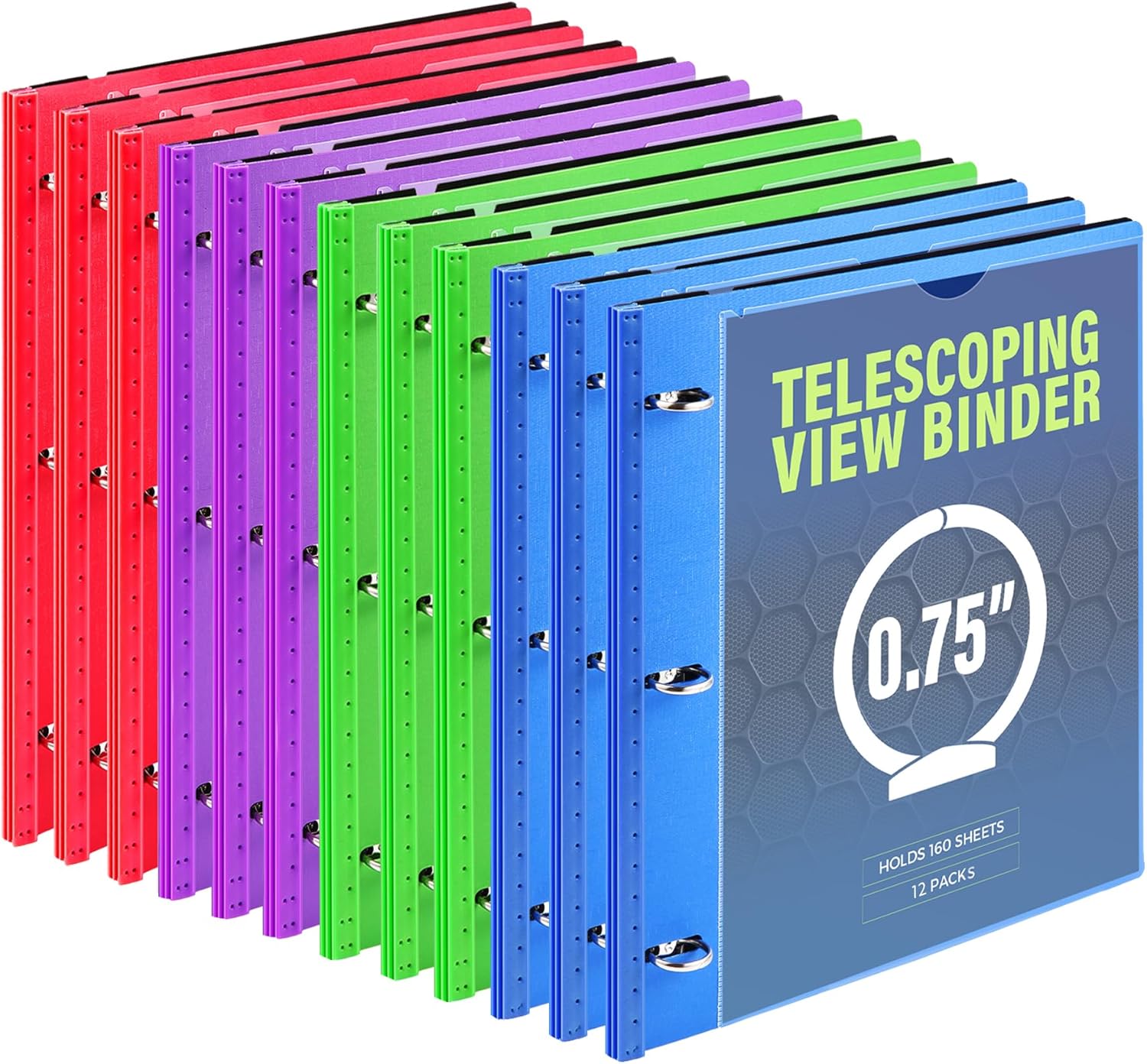 WOT I 12-Pack Telescoping 3 Ring Binder(0.75"), Expandable Flexible Binder - Patented Design for Easy Portability, Holds 160 Sheets, 4 Vibrant Colors, Perfect for School, Office&Home Organization 0.75" 12 Pack Blue+green+red+purple