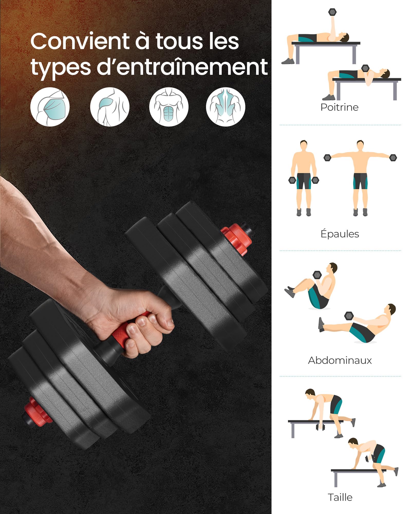 SONGMICS Set d’Haltères, Haltères avec Barre de Connexion, Hexagonales, pour l’Entraînement, la Musculation, l’Haltérophilie à Domicile ou en Salle de Sport