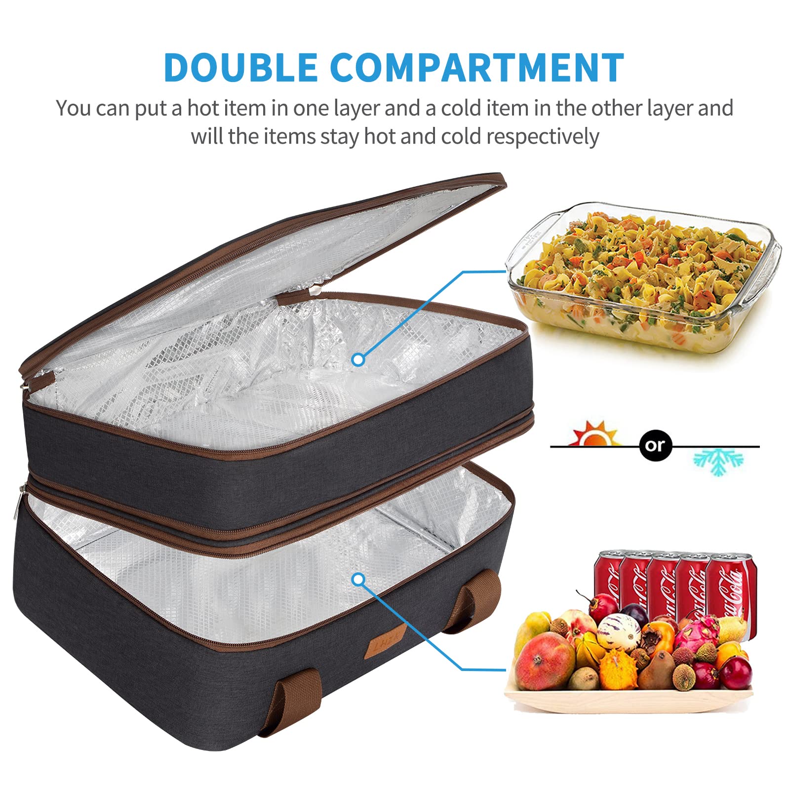 LHZK - Cacerola aislada de dos pisos para alimentos calientes o fríos, transportador de alimentos calientes expandible, soporte de lasaña para fiestas de comida, picnic, playa, se adapta a bandeja