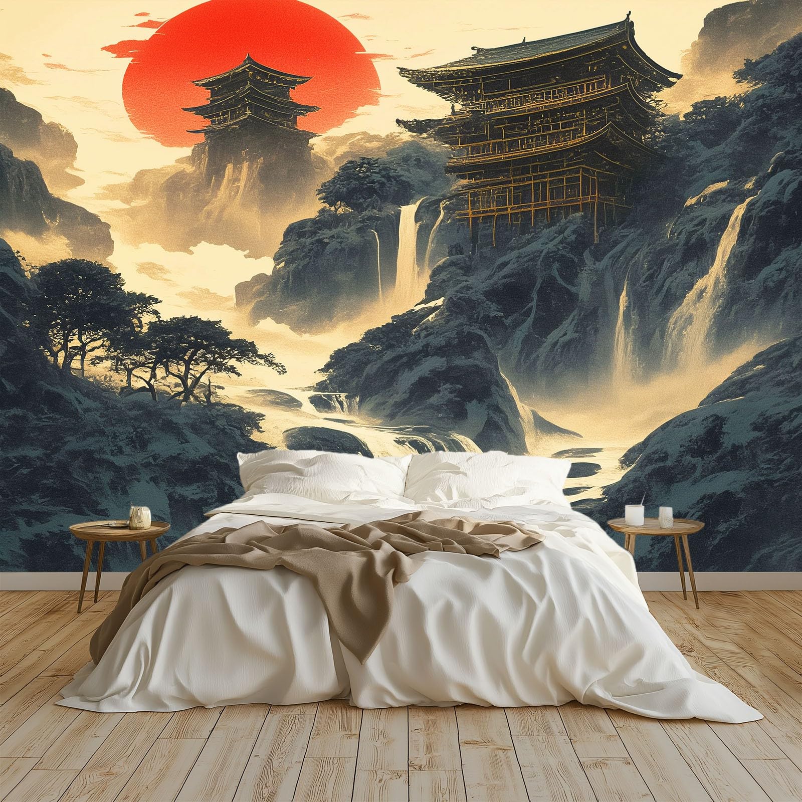 Panoramiczna tapeta 3D 200 x 140 cm japońska świątynia łańcuch górski tapeta z włókniny, plakat ścienny do salonu, dekoracji pokoju dziecięcego, łatwy montaż, niebiesko-szara