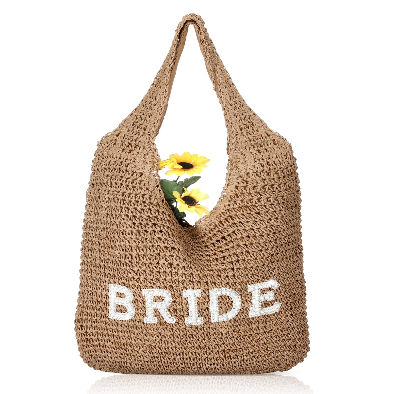 Locmeo Bride Handwoven Straw Bag for Women Boho Beach Shoulder Tote Bag Bride Summer Rhinestone Letters Tote for Women Wedding Bridal Shower