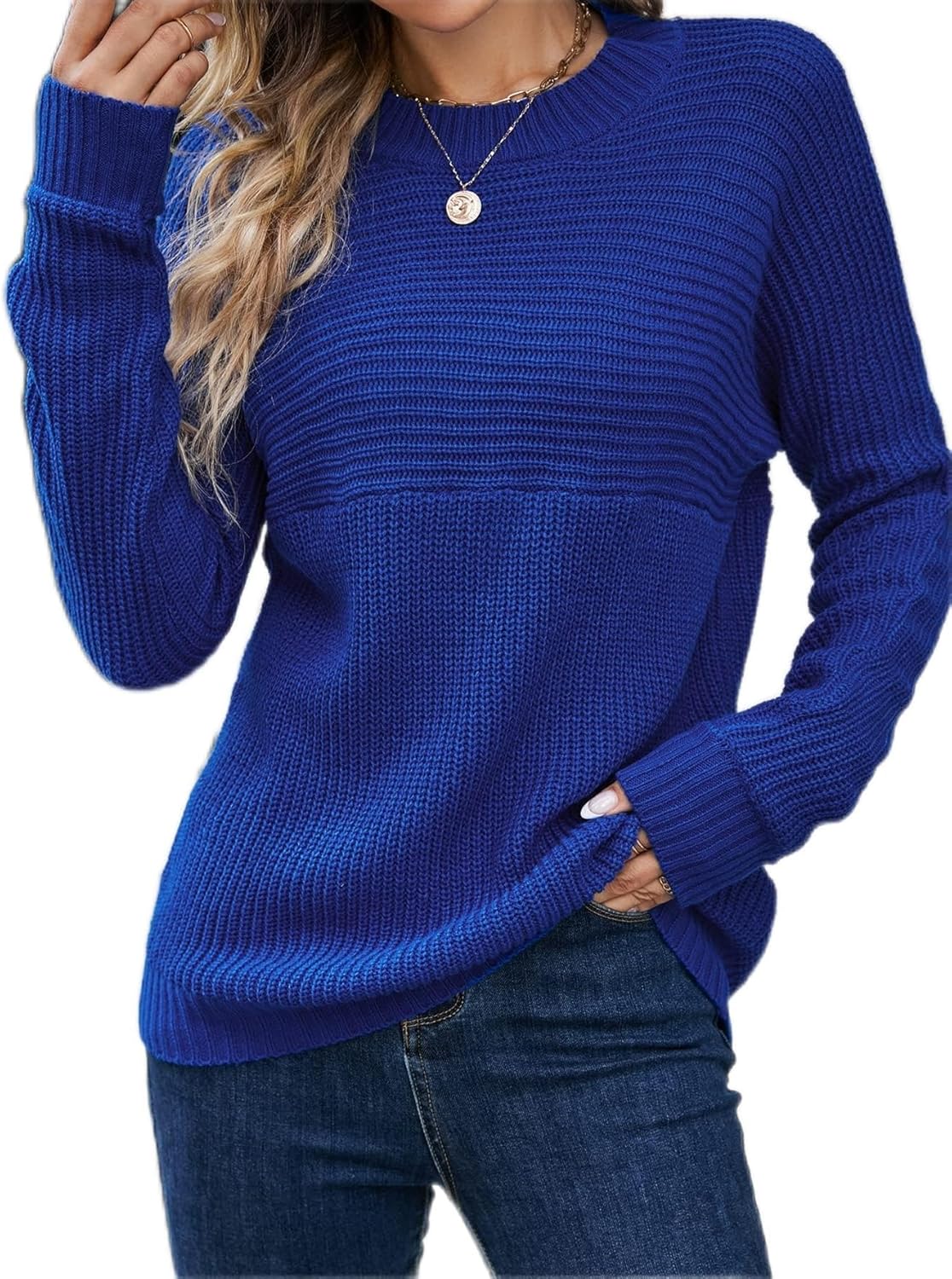 Women's Sweater Round Neck Batwing Sleeve Sweater Sweater for Women (Color : Royal Blue, Size : Large)