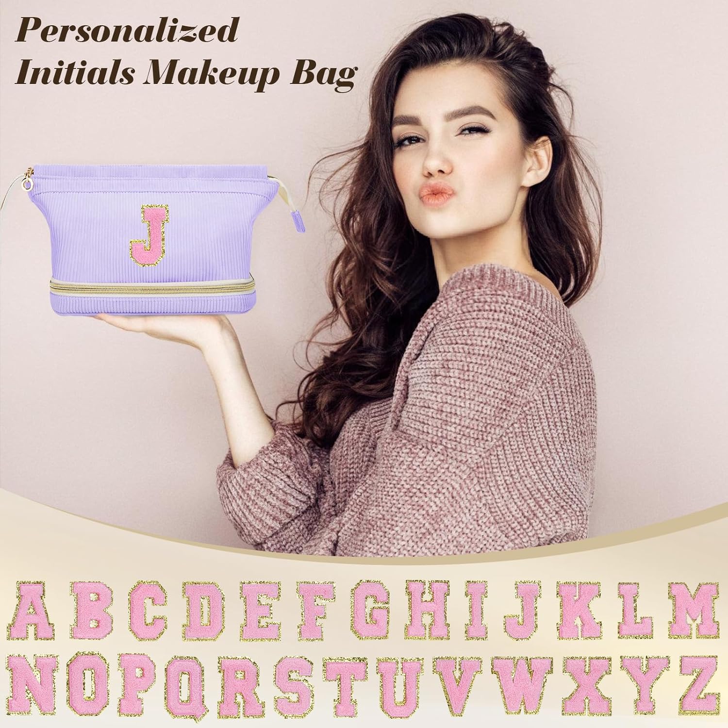 Initial Travel Makeup Bag for Women, Personalized Gift Large Double Layer Make Up Gift Cute Cosmetic Bag, Makeup Pouch Wide-open Roomy Makeup Travel Bags Birthday Christmas Gifts for Women Purple - K