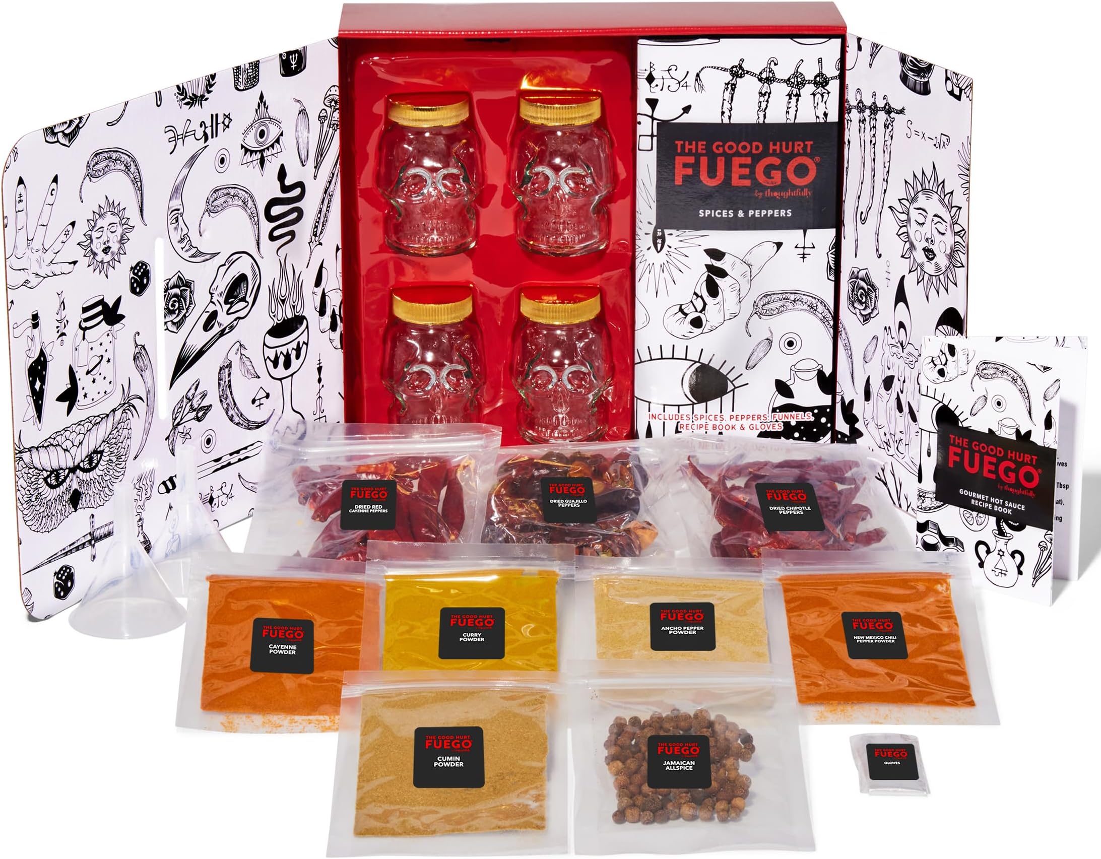 The Good Hurt Fuego , DIY Hot Sauce Set, Hot Sauce Making Kit Includes 4 Skull Shaped Reusable Glass Jars, 2 Funnels, Seasonings, Gloves and Recipe Book to Make Your Own Hot Sauce